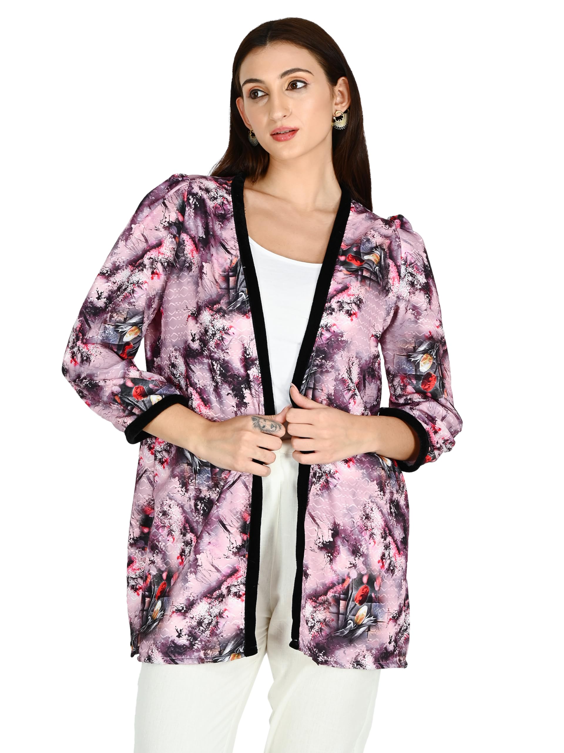Georgette Artistic Design Open Waist Length Blazer Pink-picture-41