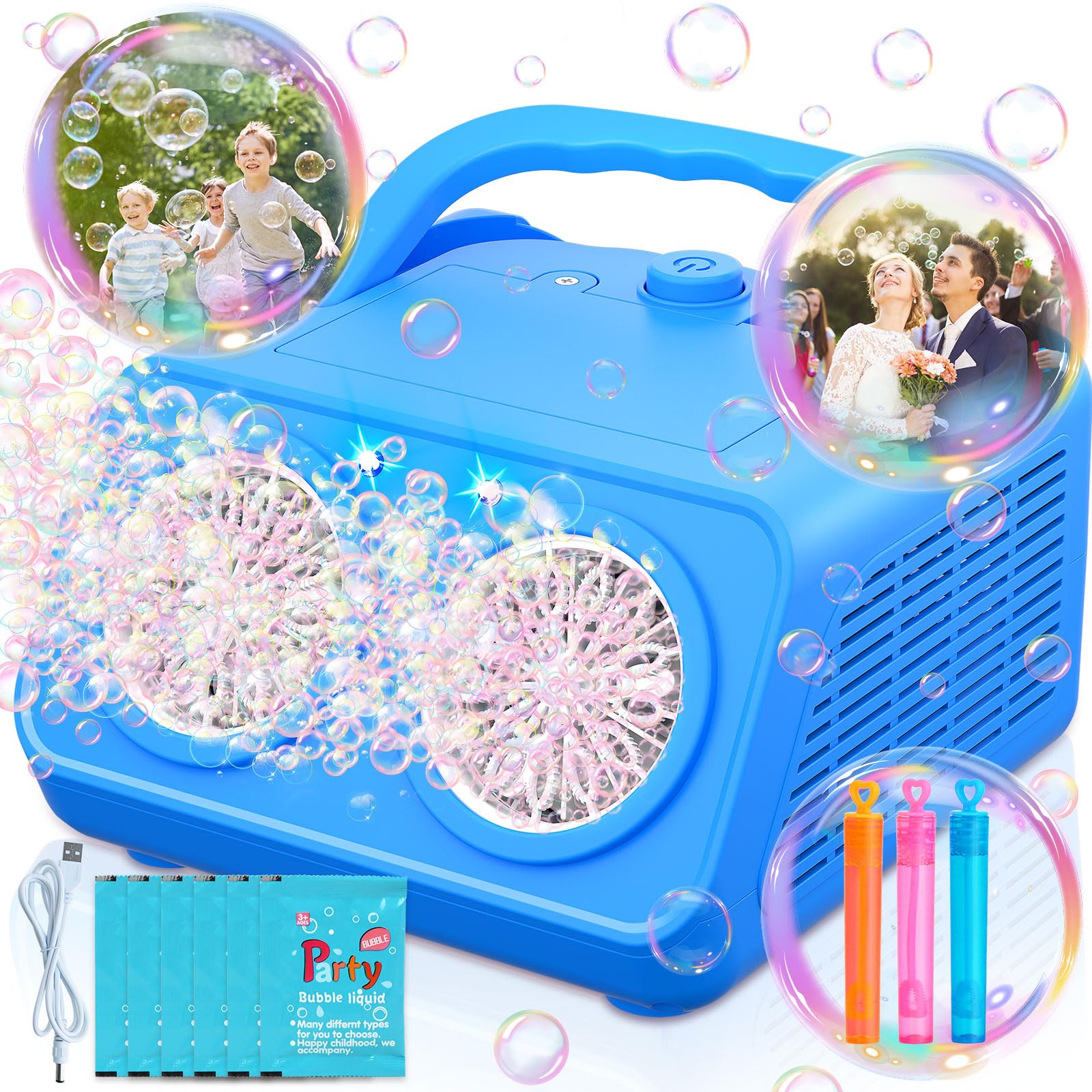 Macchina Bolle di Sapone, Spara Bolle di Sapone Automatico, 22000+ Bolle al Minuto, 2 Velocità, Giochi da Esterno per Bambini, Compleanno Gadget Matrimonio (Blu)