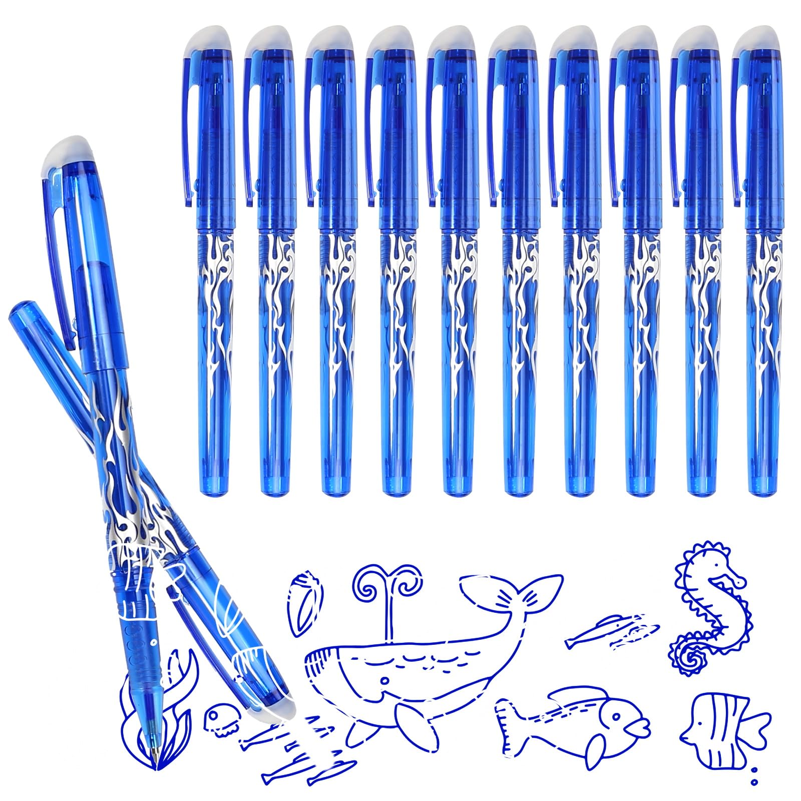 DUTIFUL 10PCS Erasable Gel Pens With Rubbers on End - Blue Ink - Rub Out Writing Instruments for Kids Adults - School Office Supplies