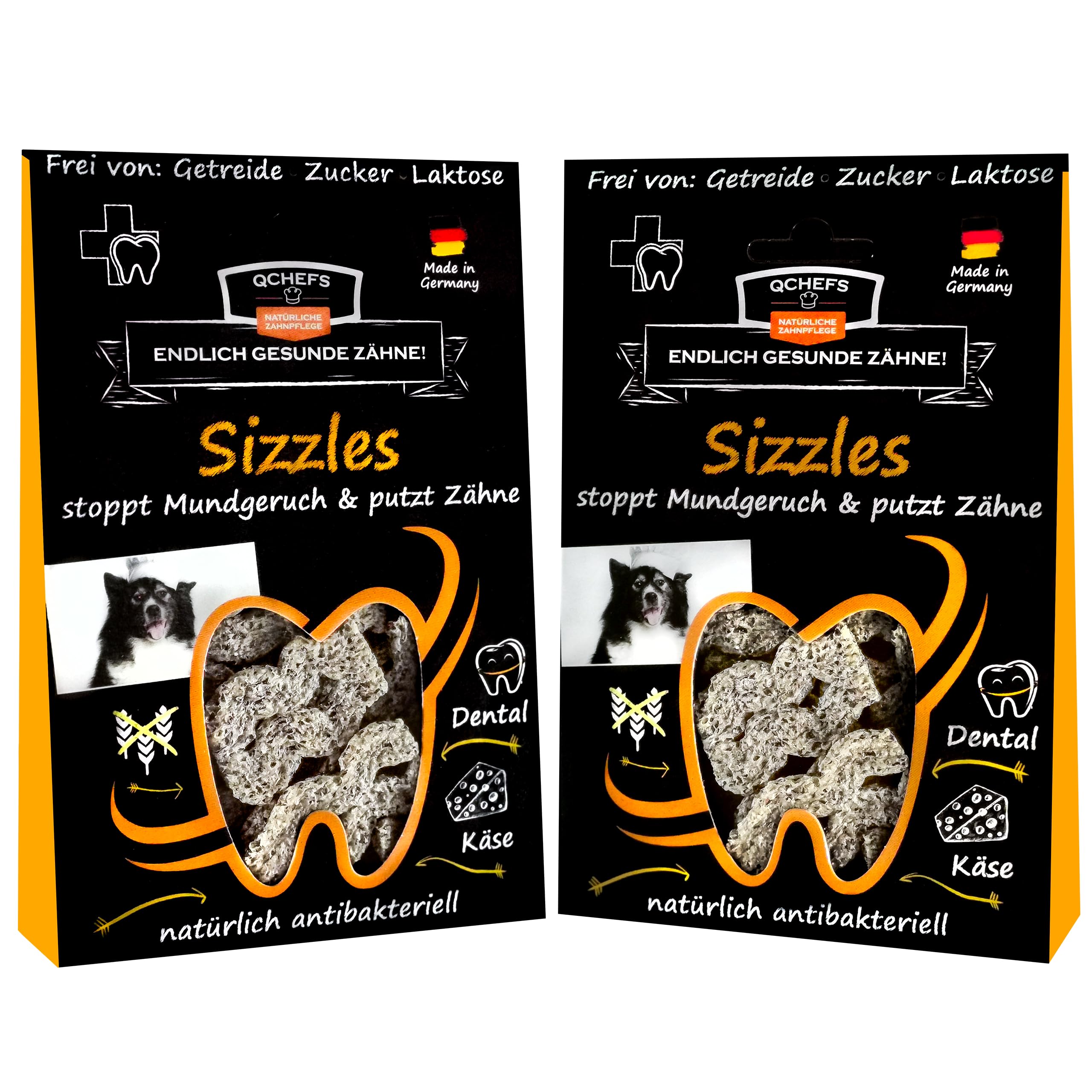 QCHEFS 2X Sizzles: Hunde Zahnpflege antibakteriell gegen Mundgeruch und Zähne geputzt- als getreidefreie kokosöl Leckerlis nach dem Hundefutter-perfekt