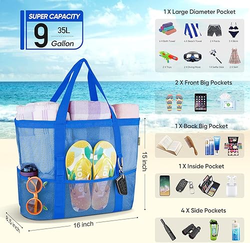 Miniatura 2 de BALEINE Bolsa de playa grande Bolsas de piscina, bolsa de playa de malla para juguetes, toalla, chanclas, Azul oscuro