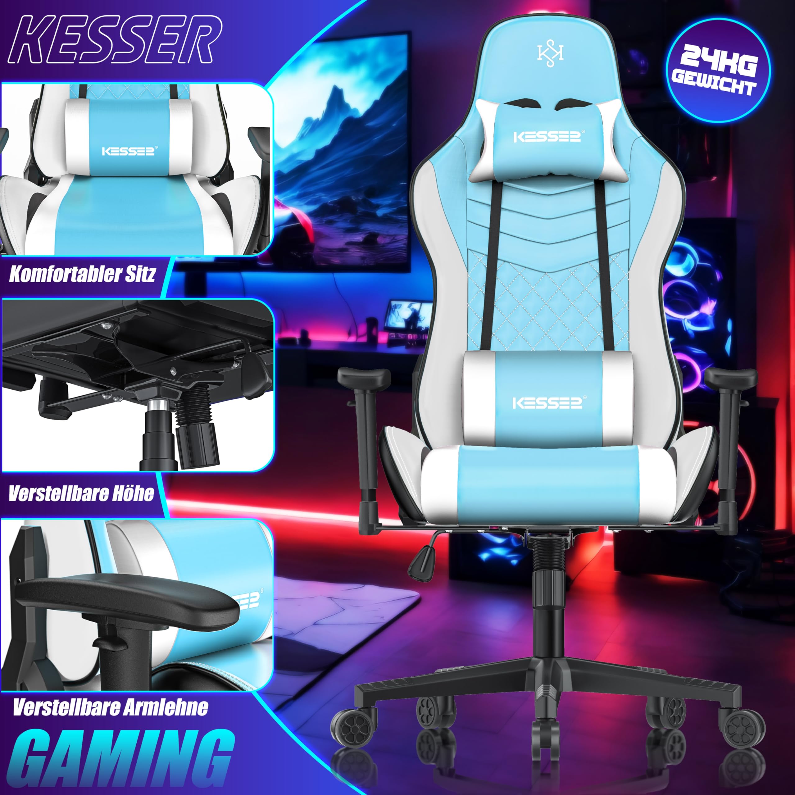 KESSER Sedia da gaming, ergonomica, da ufficio, con poggiatesta e cuscino lombare, portata 150 kg, bracciolo girevole a 360°, sedia da gioco e ruote in gomma