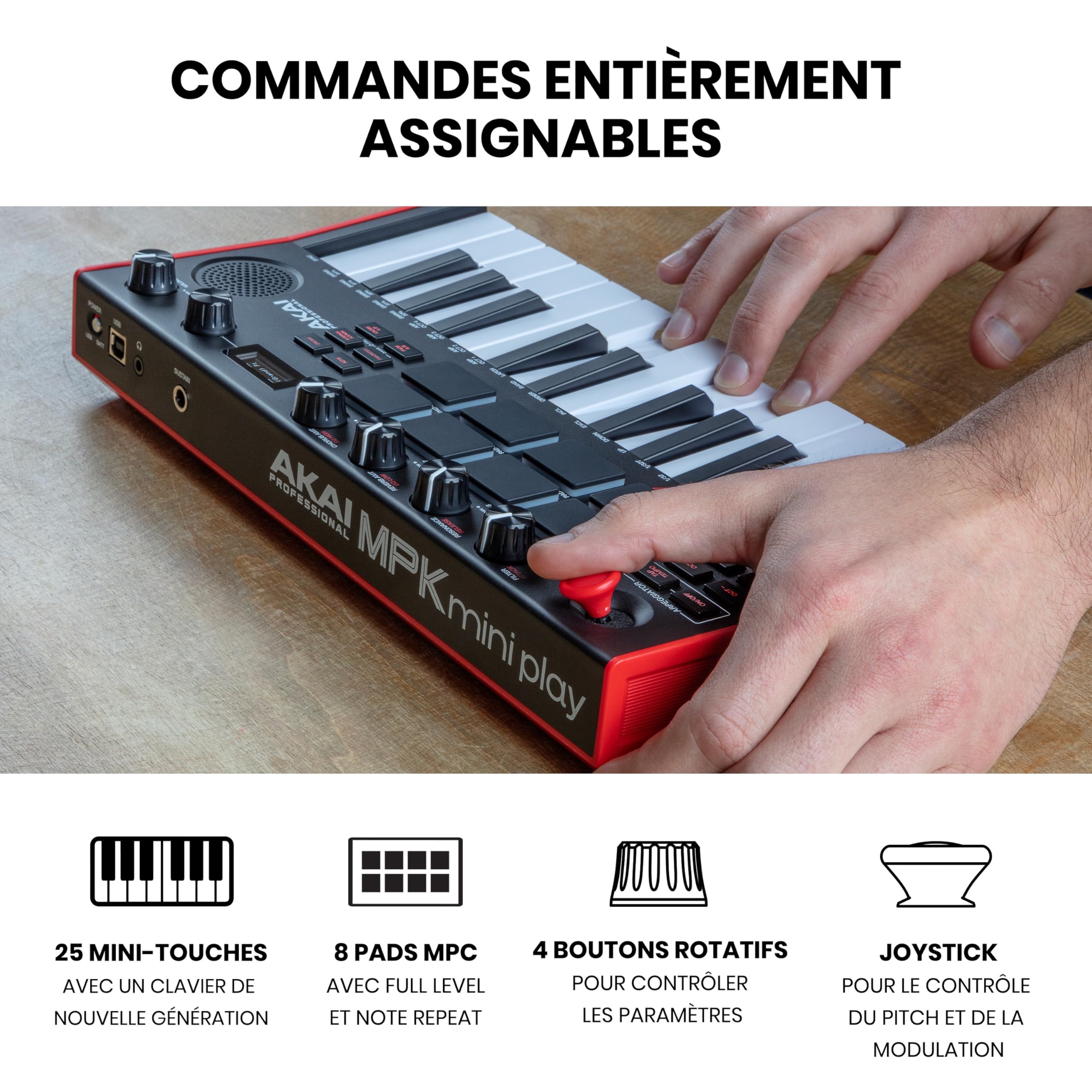 Akai Professional MPK Mini Play MK3 - Clavier MIDI Autonome avec Haut-Parleur et Sons Intégrés, Clavier Dynamique, Pads MPC, Suite Logicielle et Native Instruments Sound Package