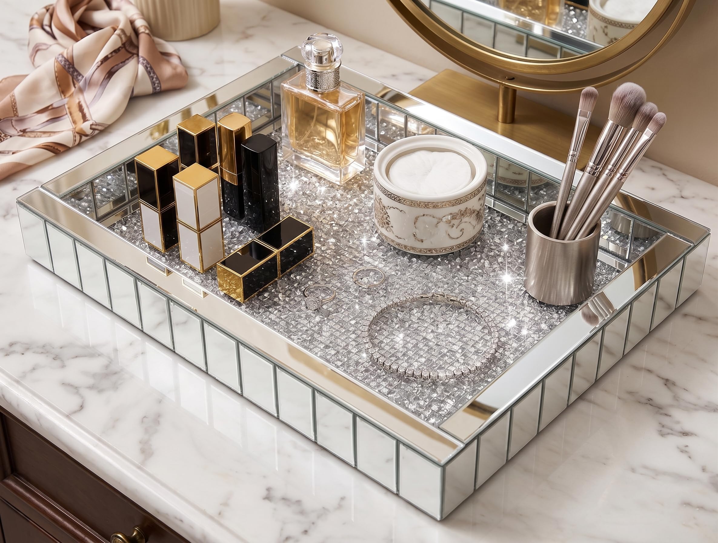 Biznest Silver Rectangular Mirrored Tray Crushed Crystal Jewel Loose Diamante Jewellery & Perfume Organiser Bathrrom Serving Vanity Home Decor 37.5X27.5x5cm