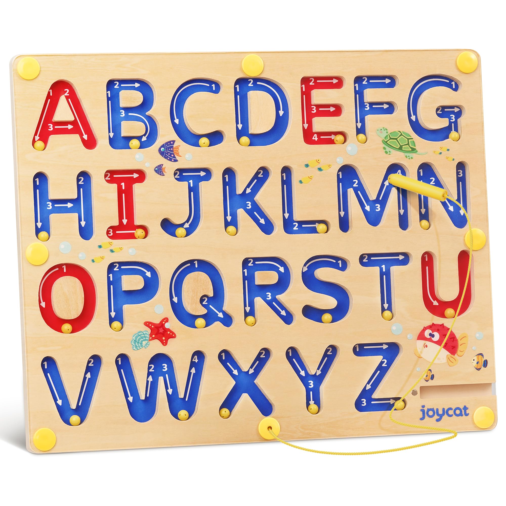 JoyCat Magnetic Letter Tracing Board, Wooden Alphabet Tracing Board for Toddlers ABC Magnets Letter Writing Practice, Magnetic Maze Preschool Learning Educational Toys for Kids 3-5