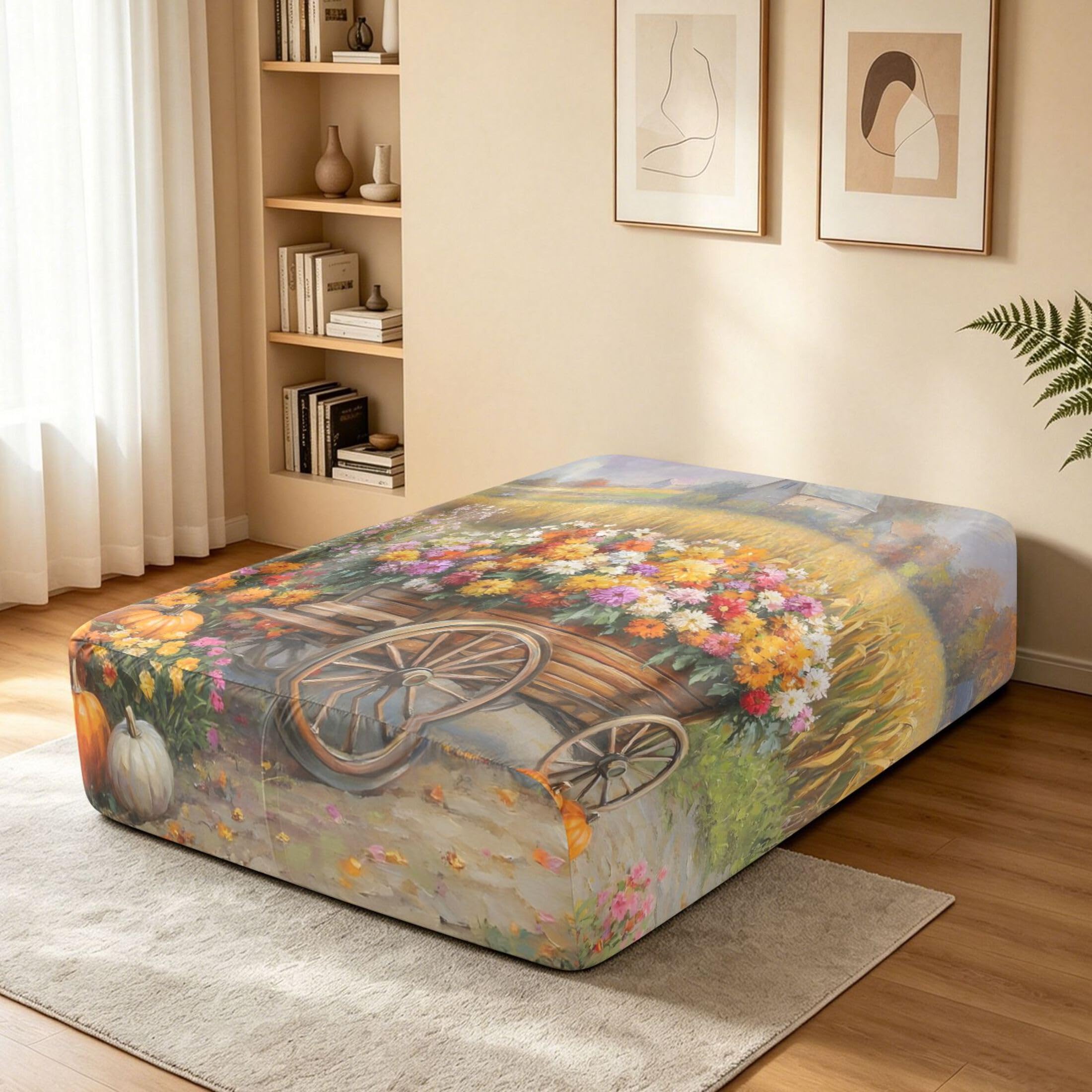 Sábana bajera ajustable de flores y calabazas para colchón de aire, bolsillo extra profundo de 24 pulgadas, funda suave y transpirable con apertura de válvula de cremallera para cama de aire