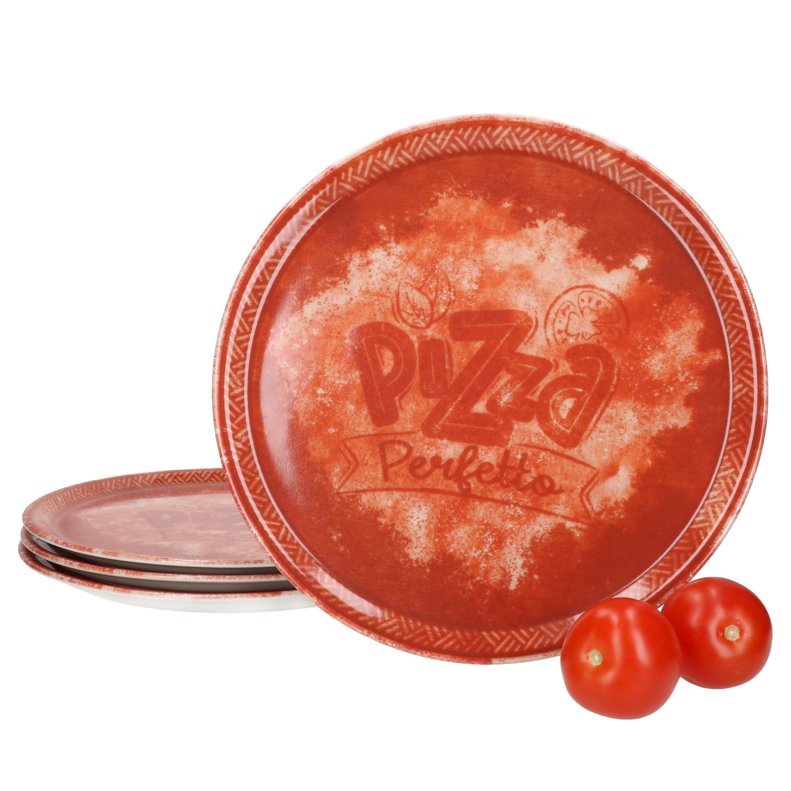 MamboCat Perfetto - Set di 6 piatti per pizza, diametro 31,5 cm, rosso, per 6 persone, in porcellana rustica per pizza, torte flambate e molto altro ancora, grandi piatti piani con decorazioni e
