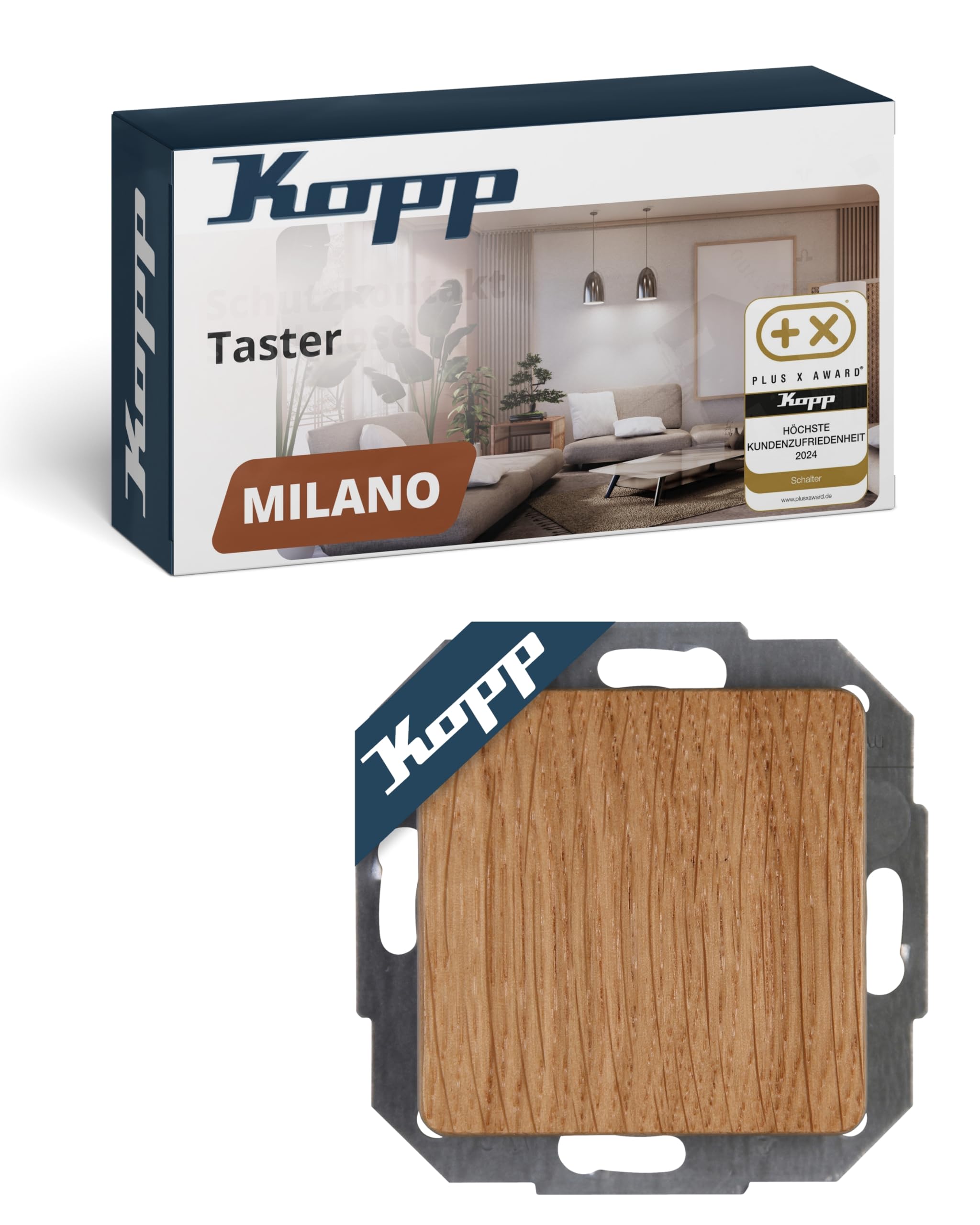Kopp MILANO Taster aus Eichen-Echtholz - Stilvoller IP20 Taster-Unterputz ideal für Klingel & Türöffner - Klingeltaster-Unterputz mit 10AX Schaltvermögen - Lichtschalter 250V~