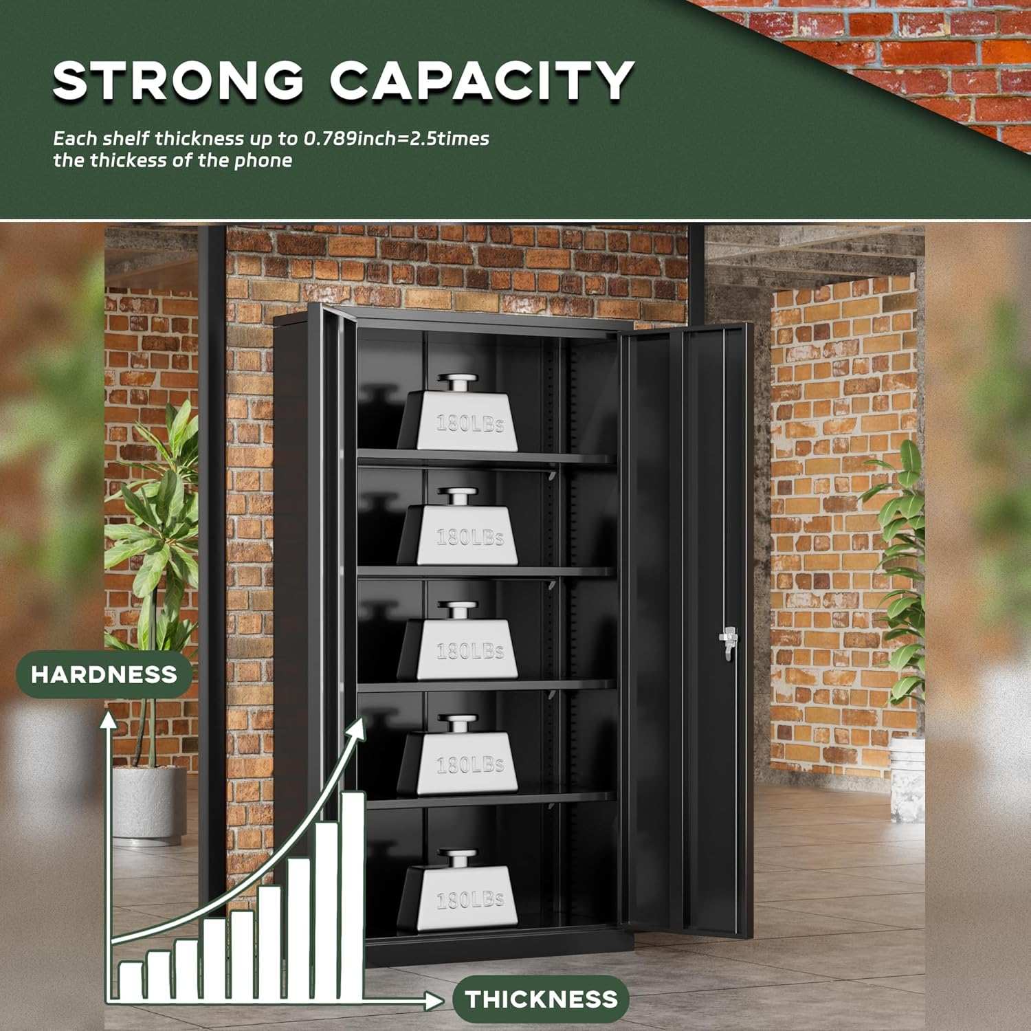 Image showing the adjustable shelves inside the Greenvelly cabinet, demonstrating how they can be configured to store various items like office supplies, garage tools, and home sundries.
