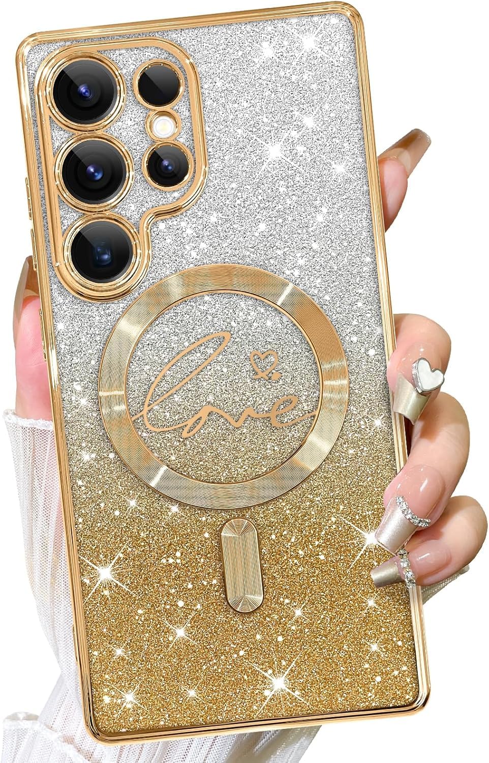 Fiyart Designed for Samsung Galaxy S24 Ultra Case,Compatible with MagSafe Love Heart Plating Camera Protection Clear Glitter Magnetic for Women Girls