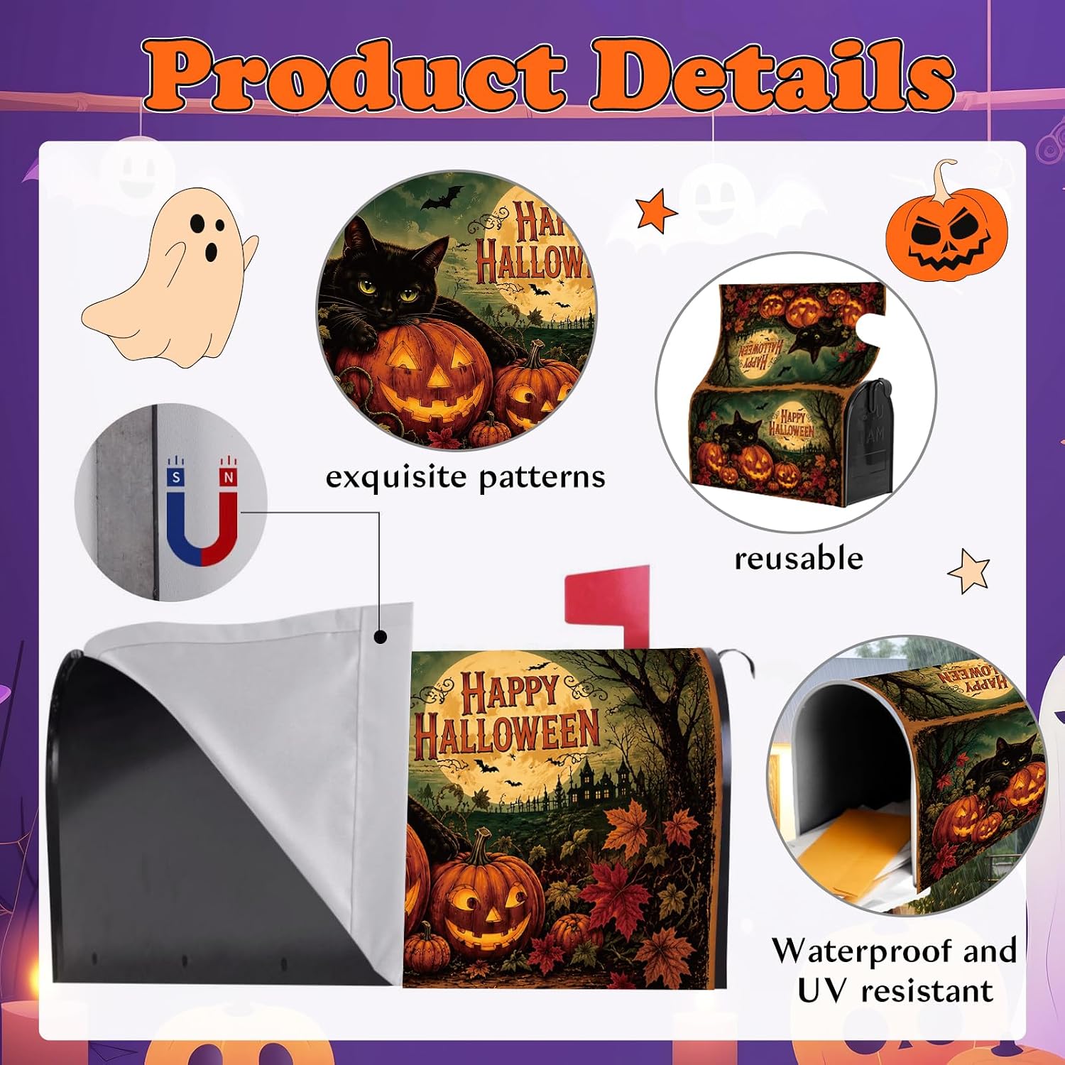 Halloween Mailbox Covers Magnetic, 21"x18" Black Cat Mail Box Wraps Decor
