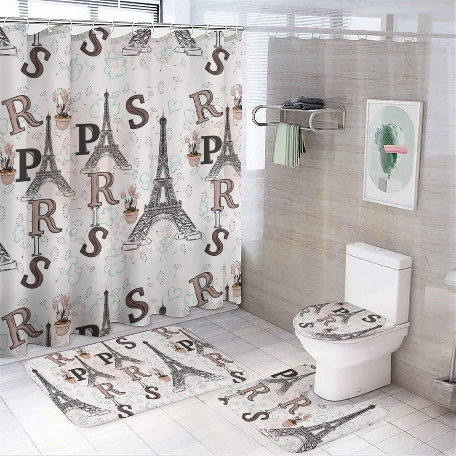 JZemdybill Bathroom Mat Set 4 Piece, Paris Eiffel Tower Floral Shower Curtain with Non-Slip Bath Mats for Bathroom