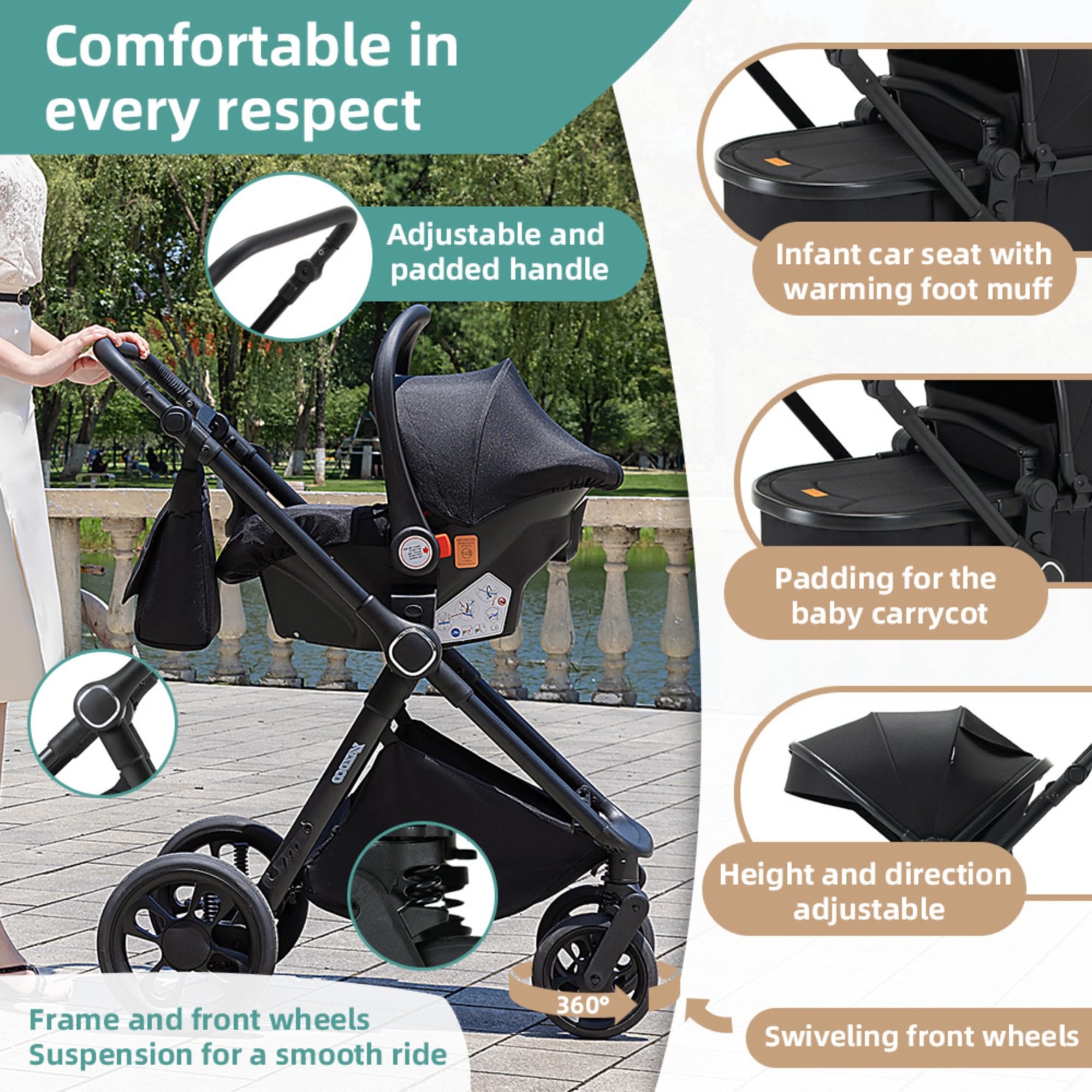 Passeggino 3 in 1 passeggino trio con ovetto I-SIZE | Navicella è Pieghevole, Carrozzina Maniglia è Regolabile,per Bambini dalla Nascita a 3 Anni