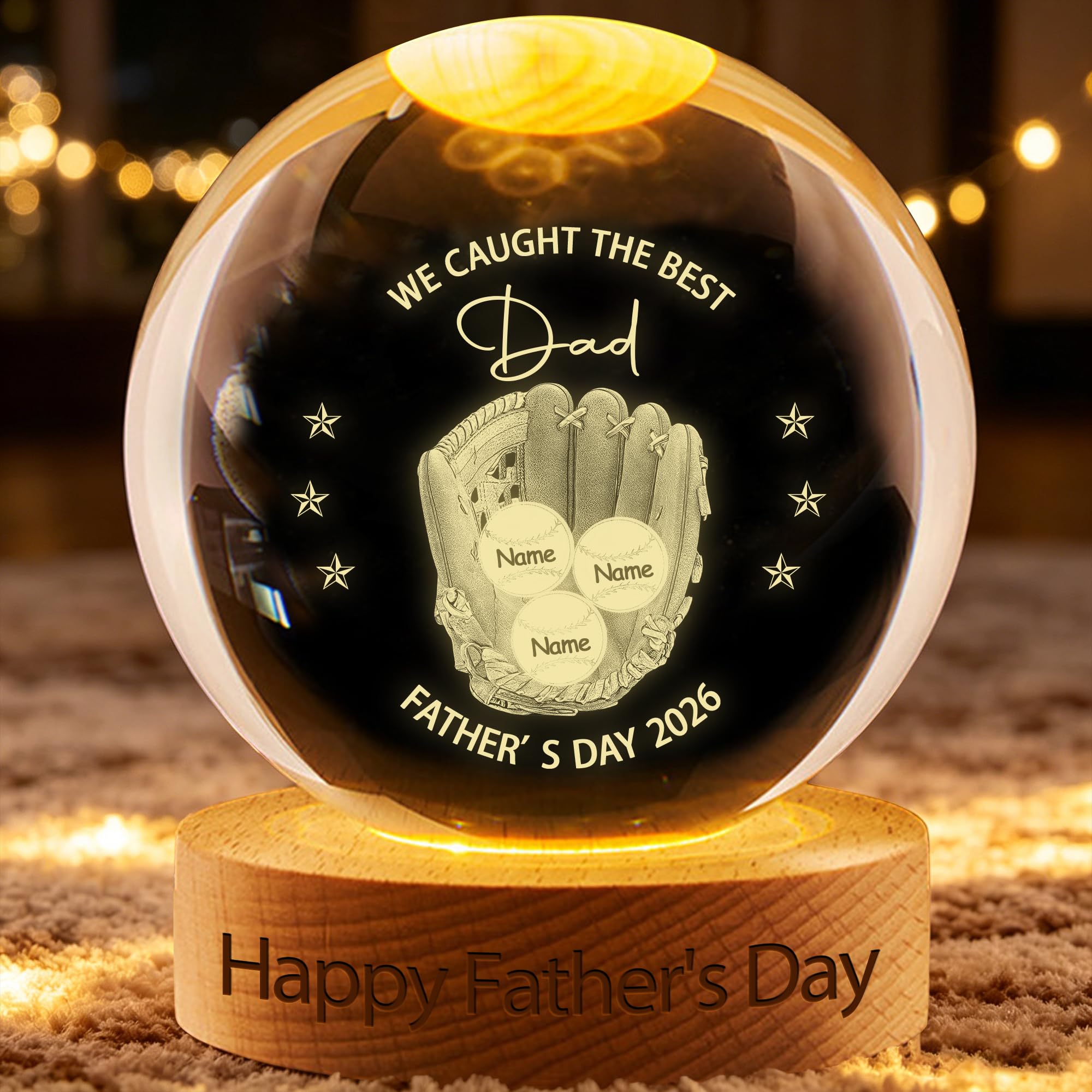 BFHEFGSUU Personalised We Caught The Best Dad Crystal Ball Light Custom 1-6 Names Funny Crystal Night Light Sign Home Bedroom Decor Gifts Dad Grandpa Father's Day Birthday Xmas (S 02)
