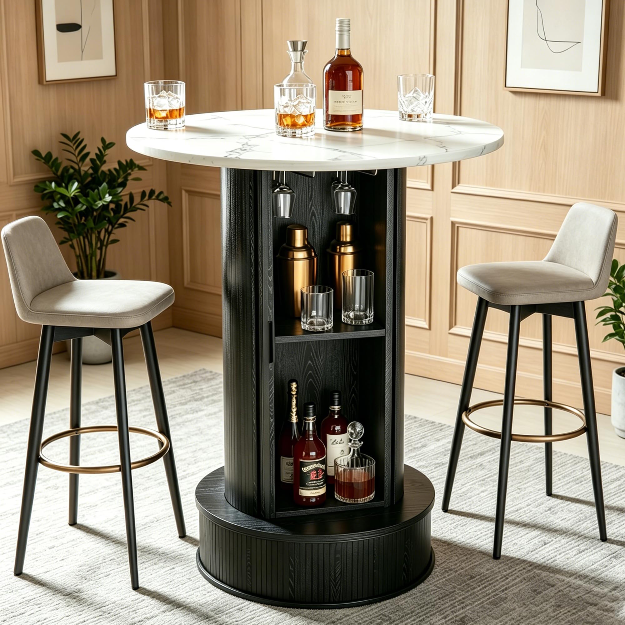 Table de bar ronde de 96,8 cm avec 2 niveaux de rangement cachés, table haute de bistrot, pub avec repose-pieds et casier à vin pour cuisine, salon, appartement et petits espaces