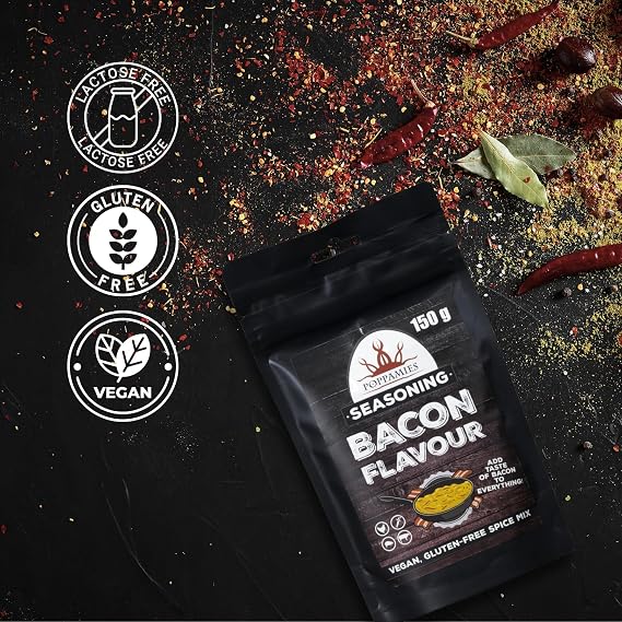 Poppamies Bacon Flavour Vegan Spice Mix - 100% Natural BBQ Seasoning - Perfect for Meat Potatoes Vegetables or as a Popcorn Seasoning - Large Pack 150g