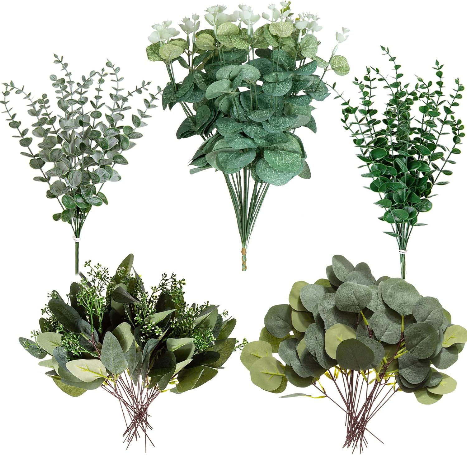 Cliselda 100pcs Artificial Eucalyptus Leaves Stems, 5 Kinds Mixed Fake Greenery Stems Bulk, Silver Eucalyptus Bundle Greenery Branches for Wedding Floral Bouquet Arrangement Centerpiece Decoration