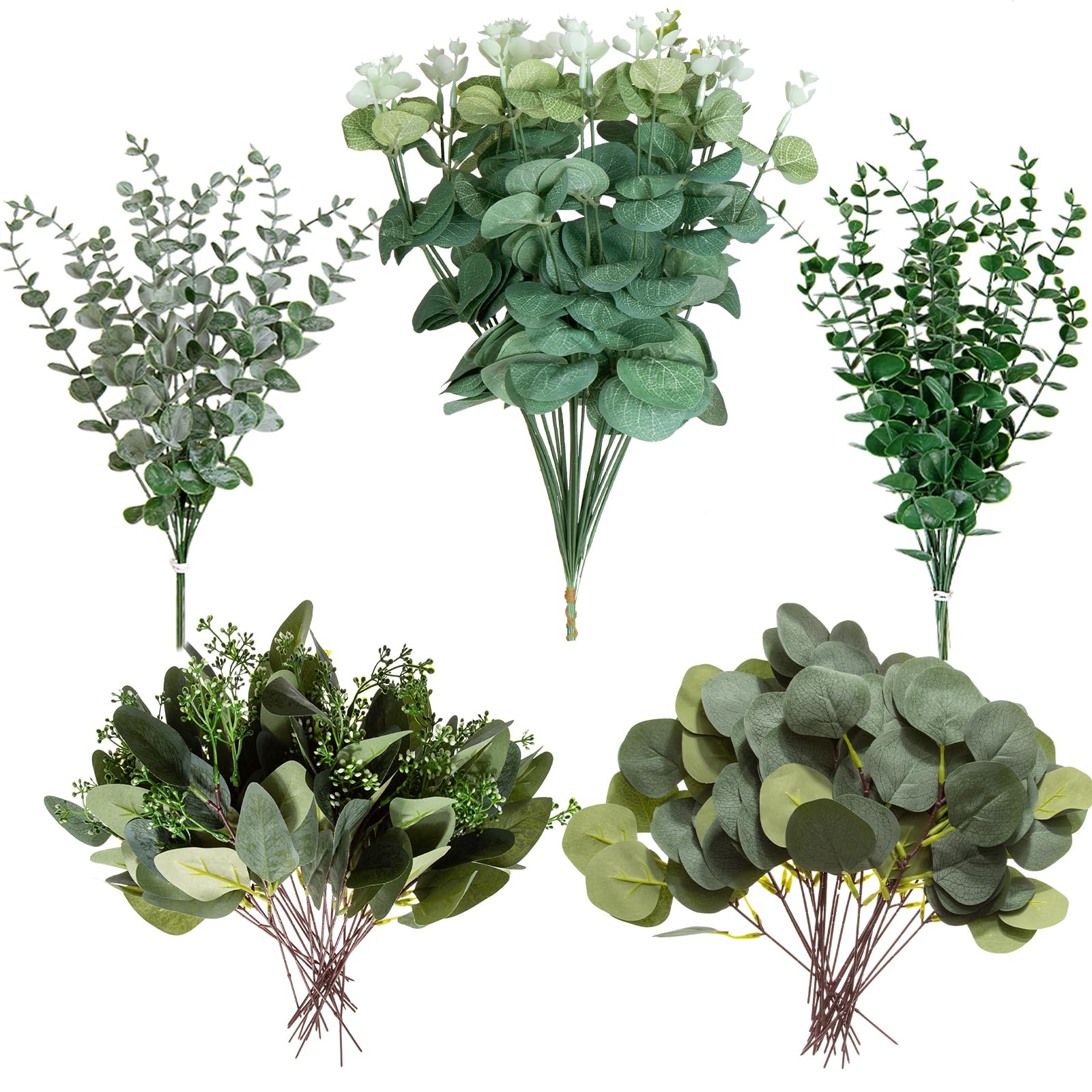 Photo 1 of Cliselda 100pcs Artificial Eucalyptus Leaves Stems, 5 Kinds Mixed Fake Greenery Stems Bulk, Silver Eucalyptus Bundle Greenery Branches for Wedding DIY Floral Bouquet Arrangement Centerpiece Decoration