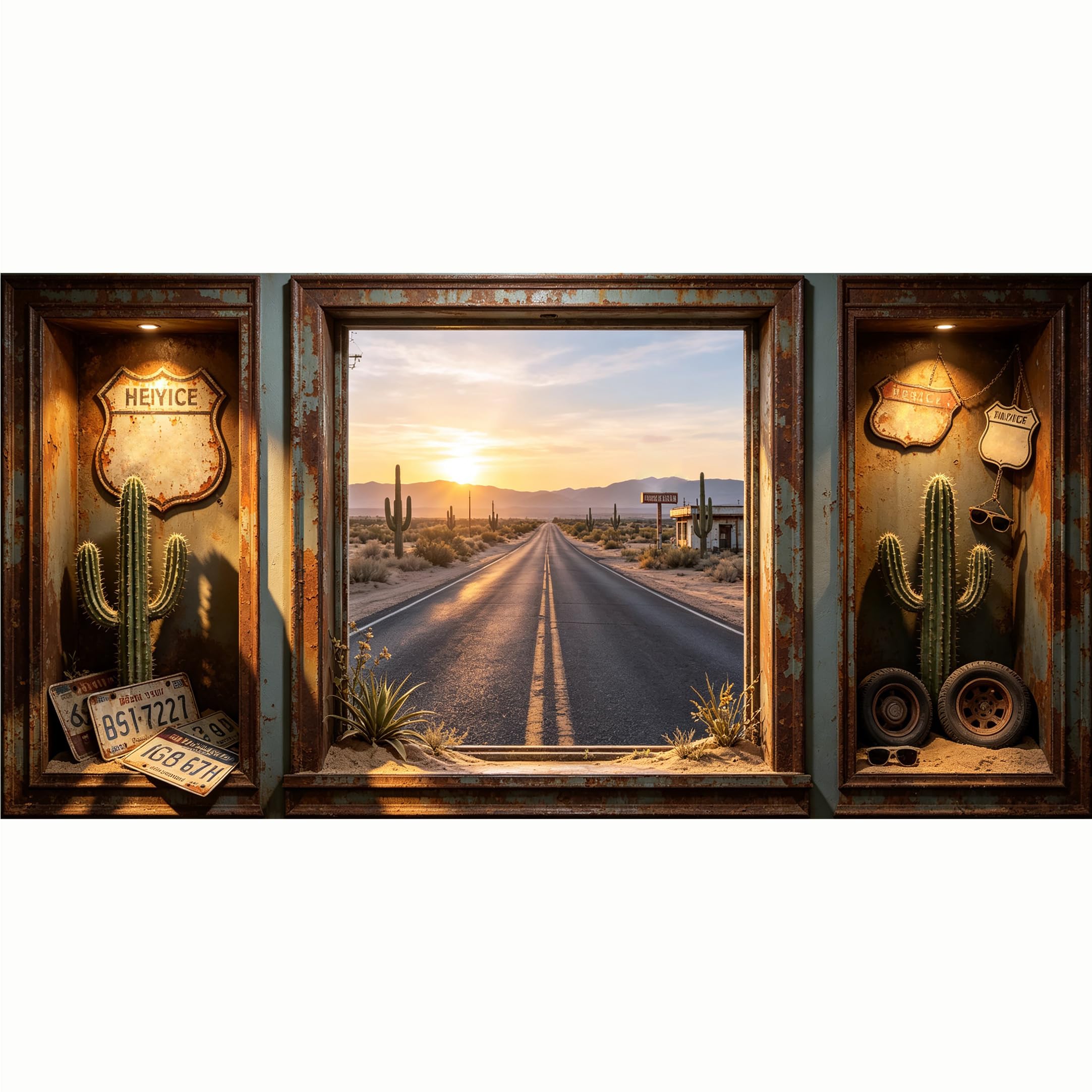 QZLITHOTIC 50x100cm 3D Framed Wall Art， Desert Highway Sunset Cactus Western Self‑Adhesive Mural， Water‑Activated Peel & Stick Fabric Decor Wall Decal for Bedroom Living Room
