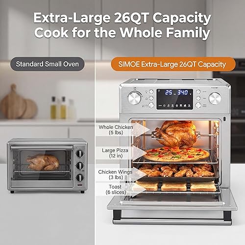 Miniatura 7 de SIMOE Horno freidora de aire de 26 cuartos de galón, horno tostador 14 en 1 con convección de 1700 W, horno de encimera de acero inoxidable con