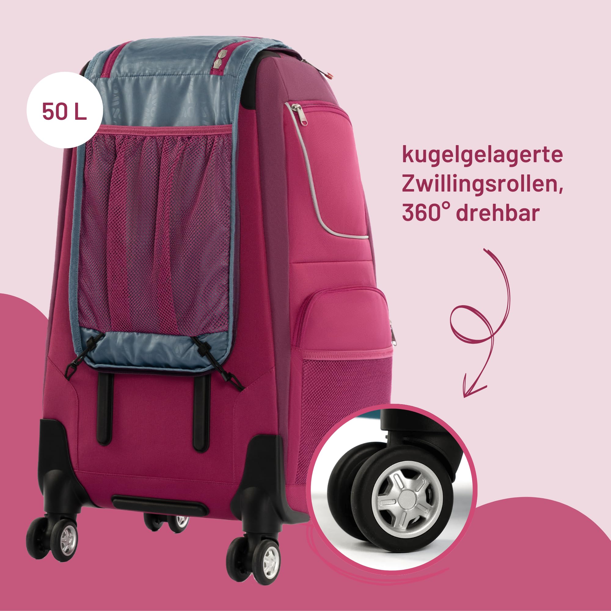 Kinder-Schranktrolley – Koffer mit Einlegeböden, Rollen & Teleskopgriff – mobiler Kleiderschrank für Kinder – 50L Trolley für Reisen, Urlaub & Übernachtungen (Berry)