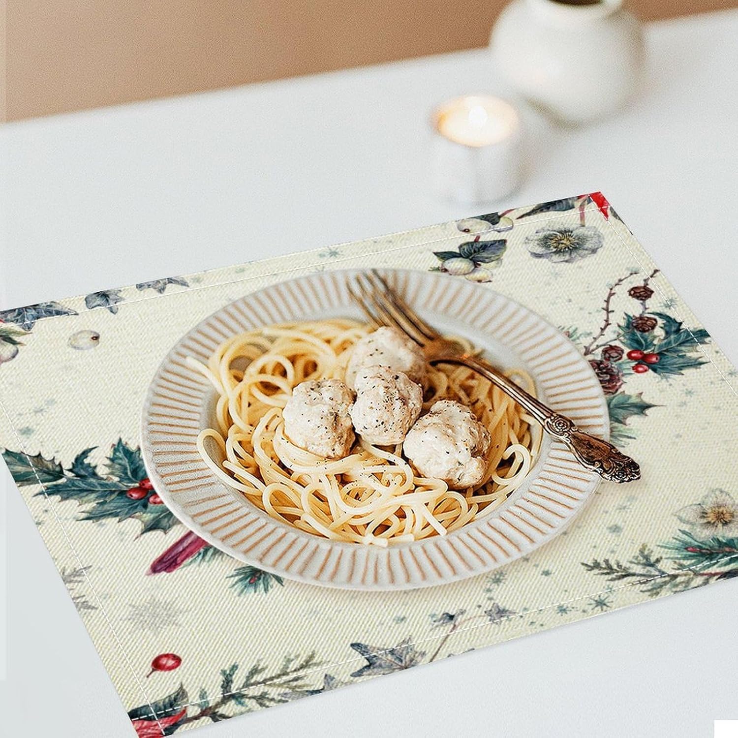 Christmas Placemats Set of 8, 17x12 Inch Vintage Watercolor Winter Cardinal Birds Red White Poinsettia Table Mats for Home Party Kitchen Dining Decor