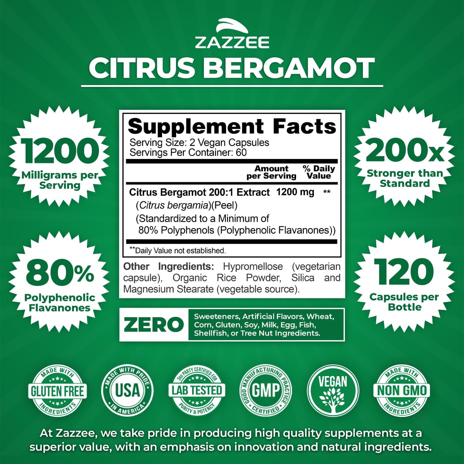Zazzee Extra Strength Citrus Bergamot 200:1 Extract 1200 mg, 80% Polyphenols, 120 Vegan Capsules, Standardized 200X Potency, Heart and Immune System Support, Non-GMO, All-Natural, Made in The USA - Image 2