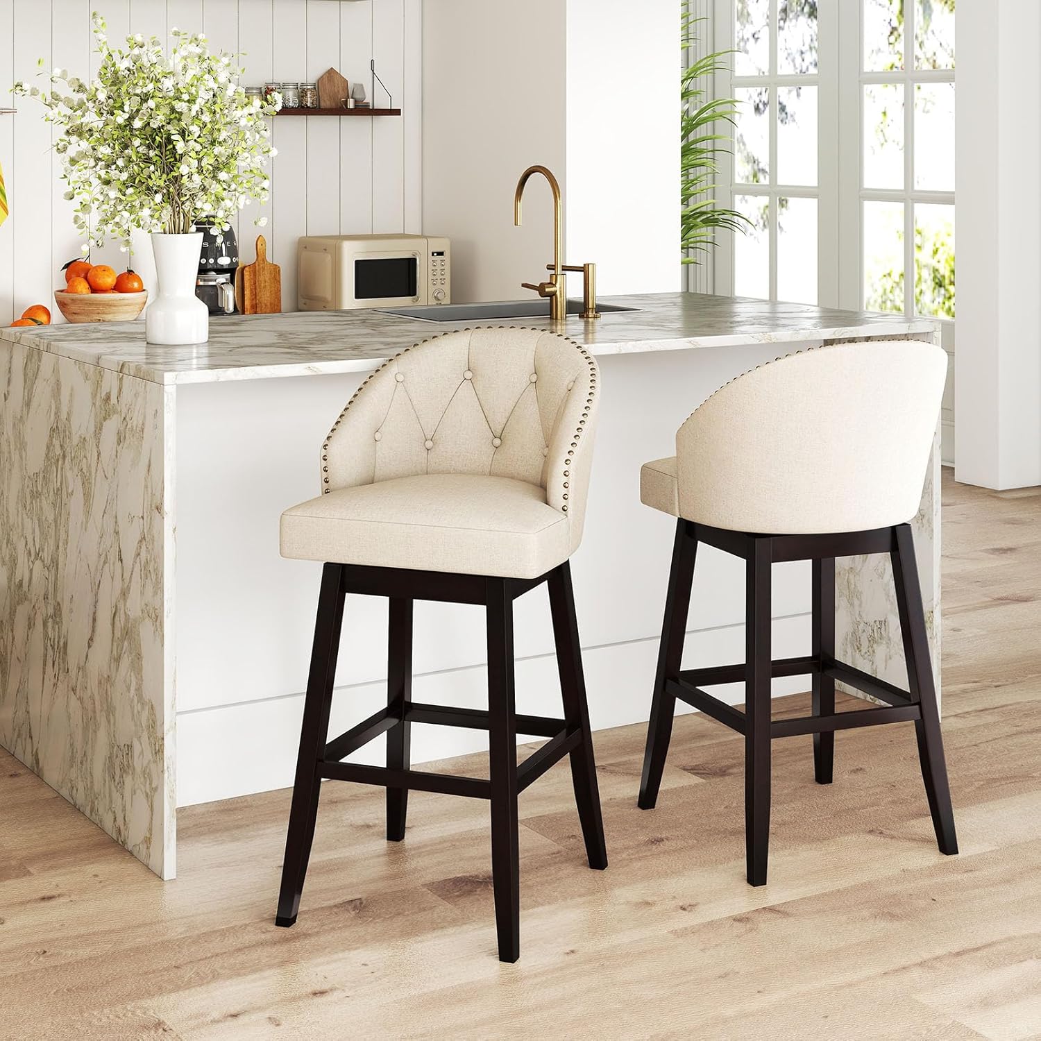 NAFORT Swivel Bar Stools Set of 2, Upholstered Bar Stool Set w/Back, Rubber Wood Legs and Linen Surface Seat, Modern Bar Chairs with Stylish Tufted Design & Rivet Decoration for Living Room & Kitchen