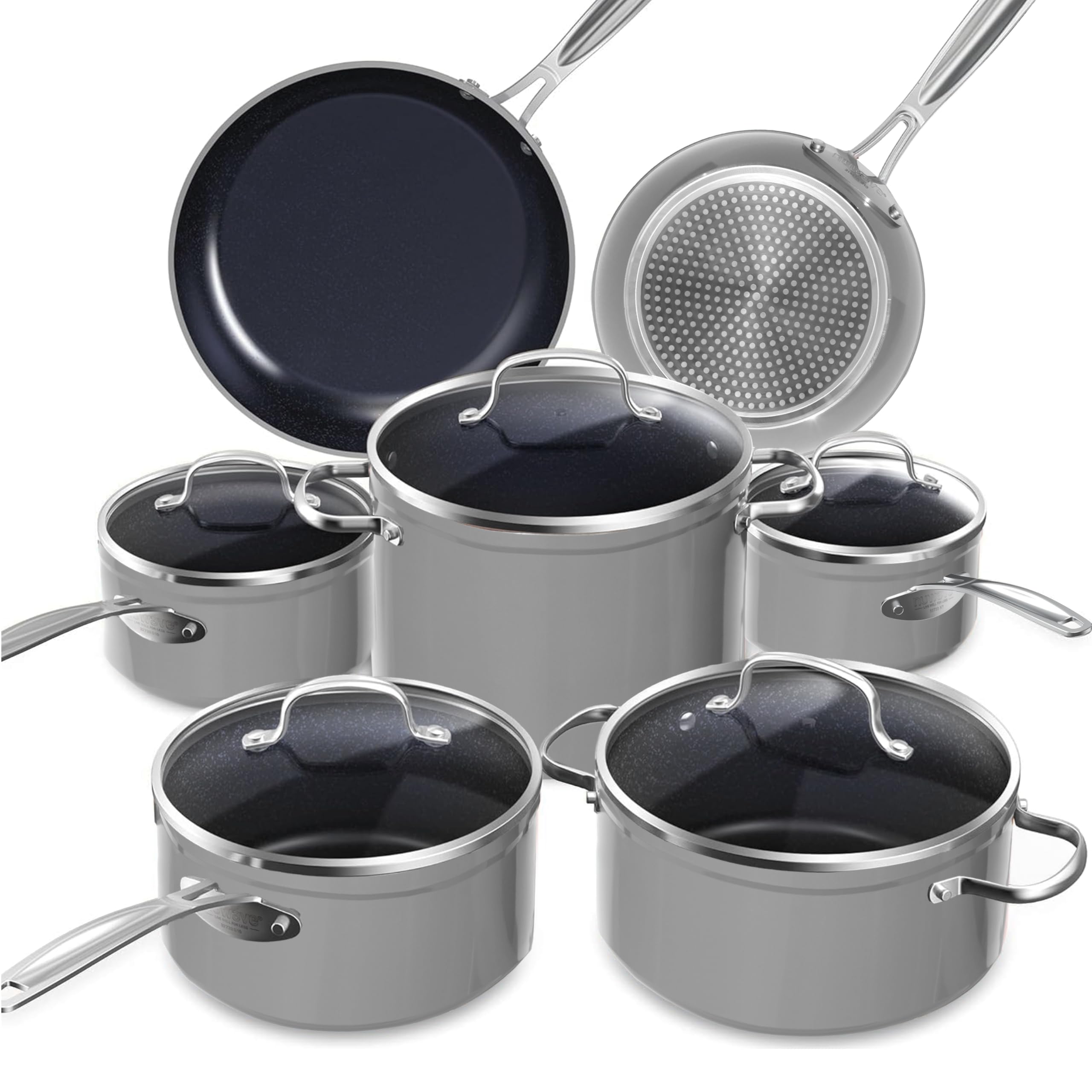 Nuwave Ollas 12 Piezas G10 Cerámica de Duralon Blue en Gris, Compatible con Inducción, Batería de Cocina con Tapas, Juego de Ollas y Sartenes, Seguro y libre de PFAS