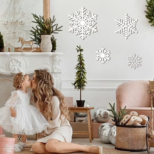 Miniatura 6 de 4 piezas de decoración de pared de copo de nieve de madera navideña, 3 tamaños grandes de madera de copo de nieve de invierno, placas colgantes de