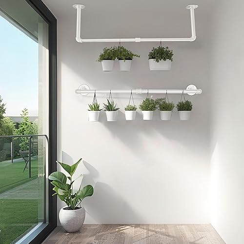 Miniatura 8 de AddGrace Paquete de 2 percheros de tubería industrial para montar en la pared, color blanco, perchero resistente para colgar ropa, estante multiusos
