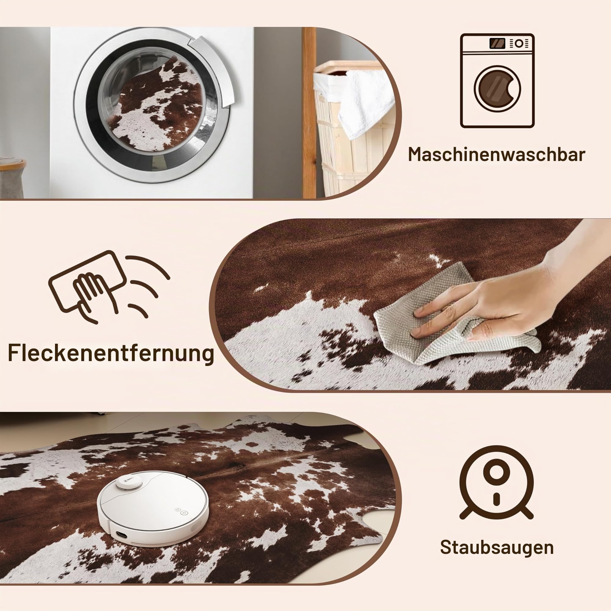 Kuhfell-Teppich aus Rindsleder: Kuhfell-Teppich für Wohnzimmer, Schlafzimmer, 12 x 150 cm – Tierdruck, Schwarz und Braun