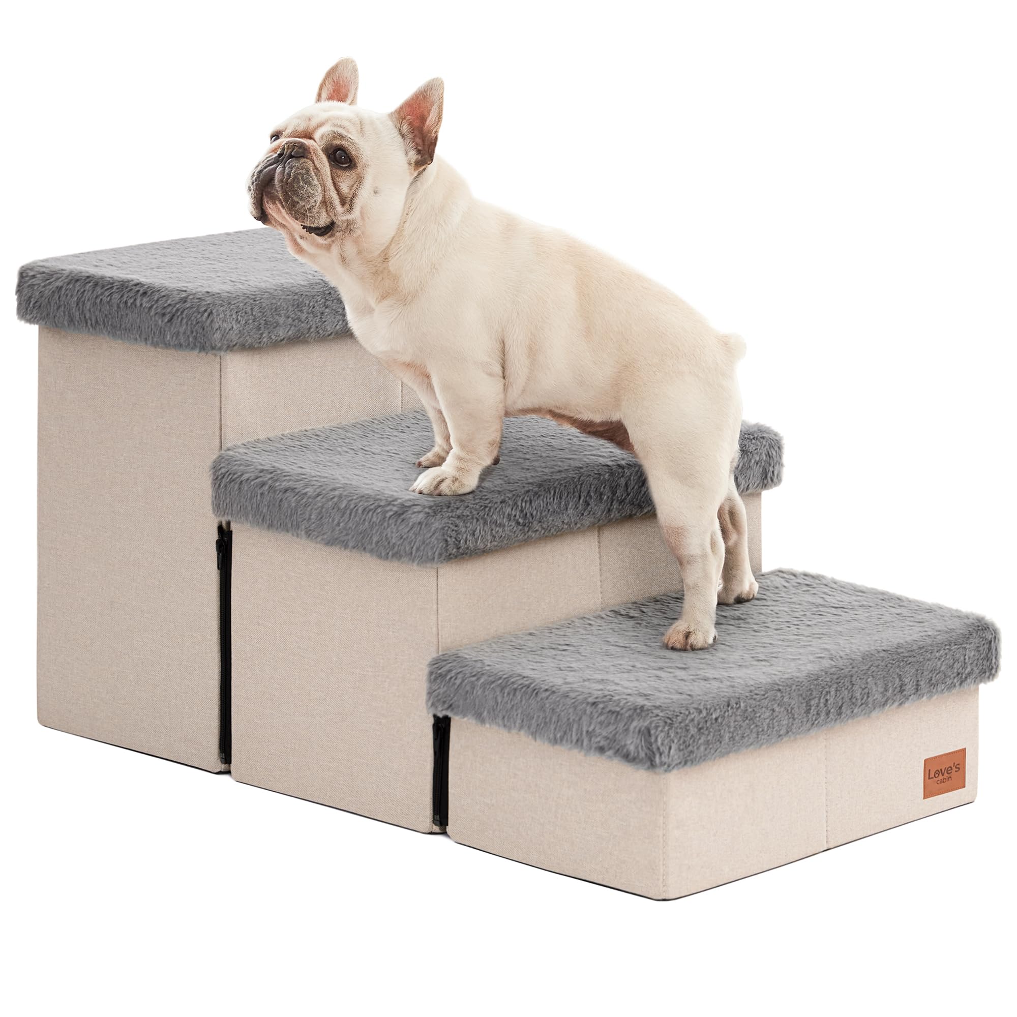 Love's cabin Dog Stairs for High Bed 18" H,3 Steps with Furry Lids Pet Stairs for Small Medium Large Dogs,Foldable Cat Ramp with Zip up to 200 lbs,Grey โ image 1