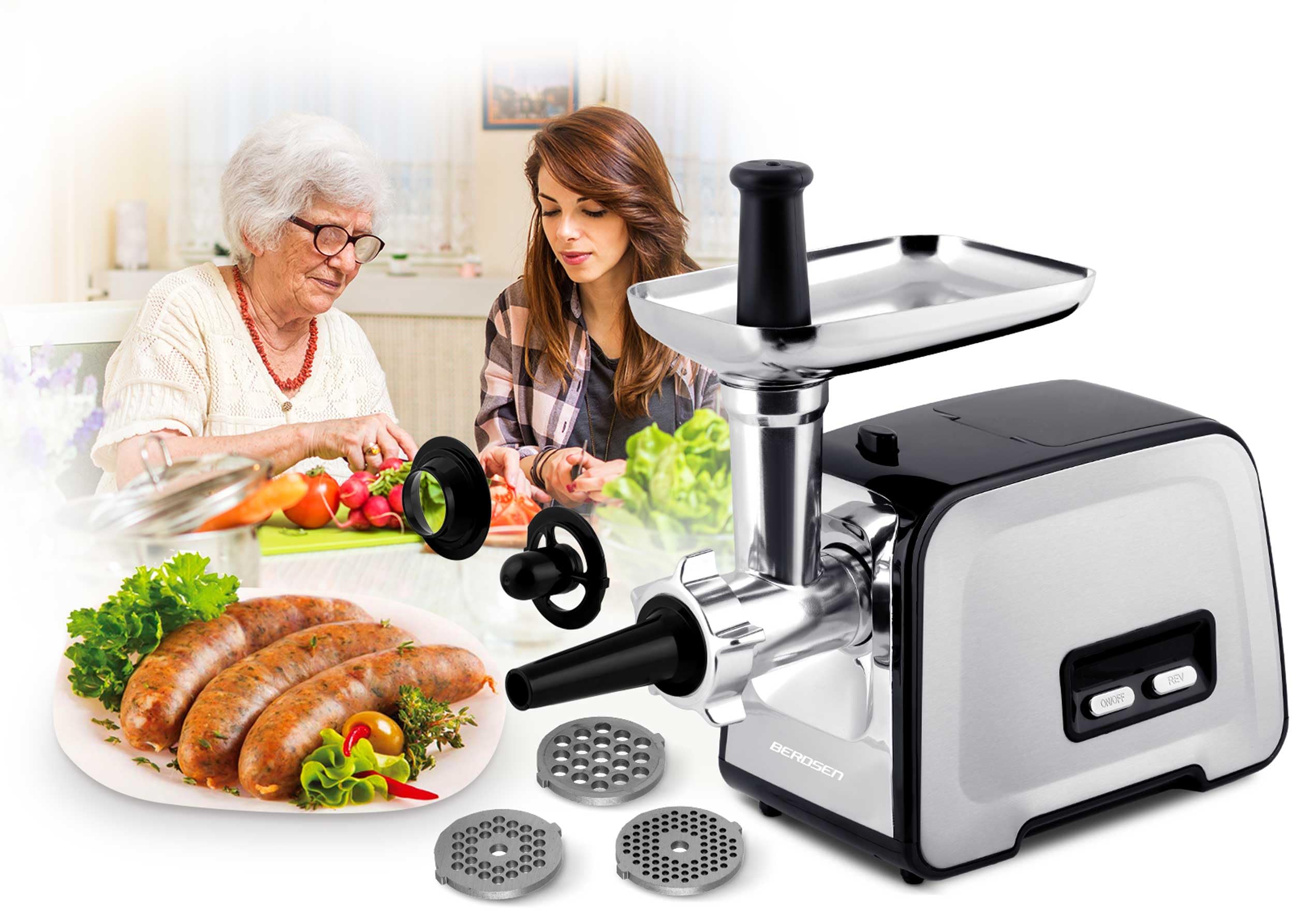 Berdsen Maszynka do mielenia mięsa z akcesoriami szatkownica rozdrabniacz 450/1200W Berdsen BD-601B czarno-srebrna