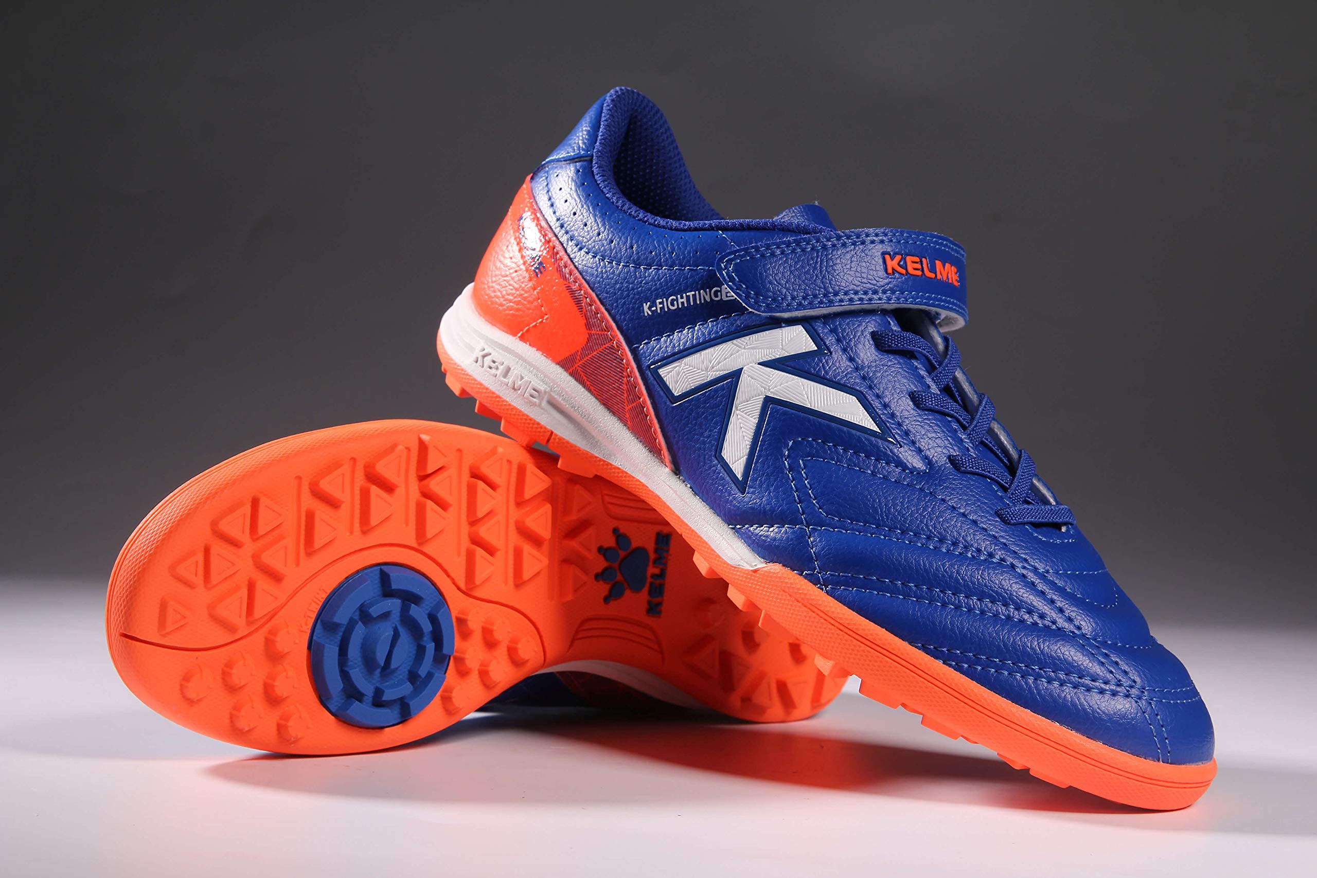 KELME Laceless Soccer Cleats Youth and Kids – Futsal or Turf Soccer Shoes for Boys/Girls – Indoor or Outdoor Hook and Loop Football Boots (Blue/Orange, US Footwear Size System, Big Kid, Numeric, Medium, 4)