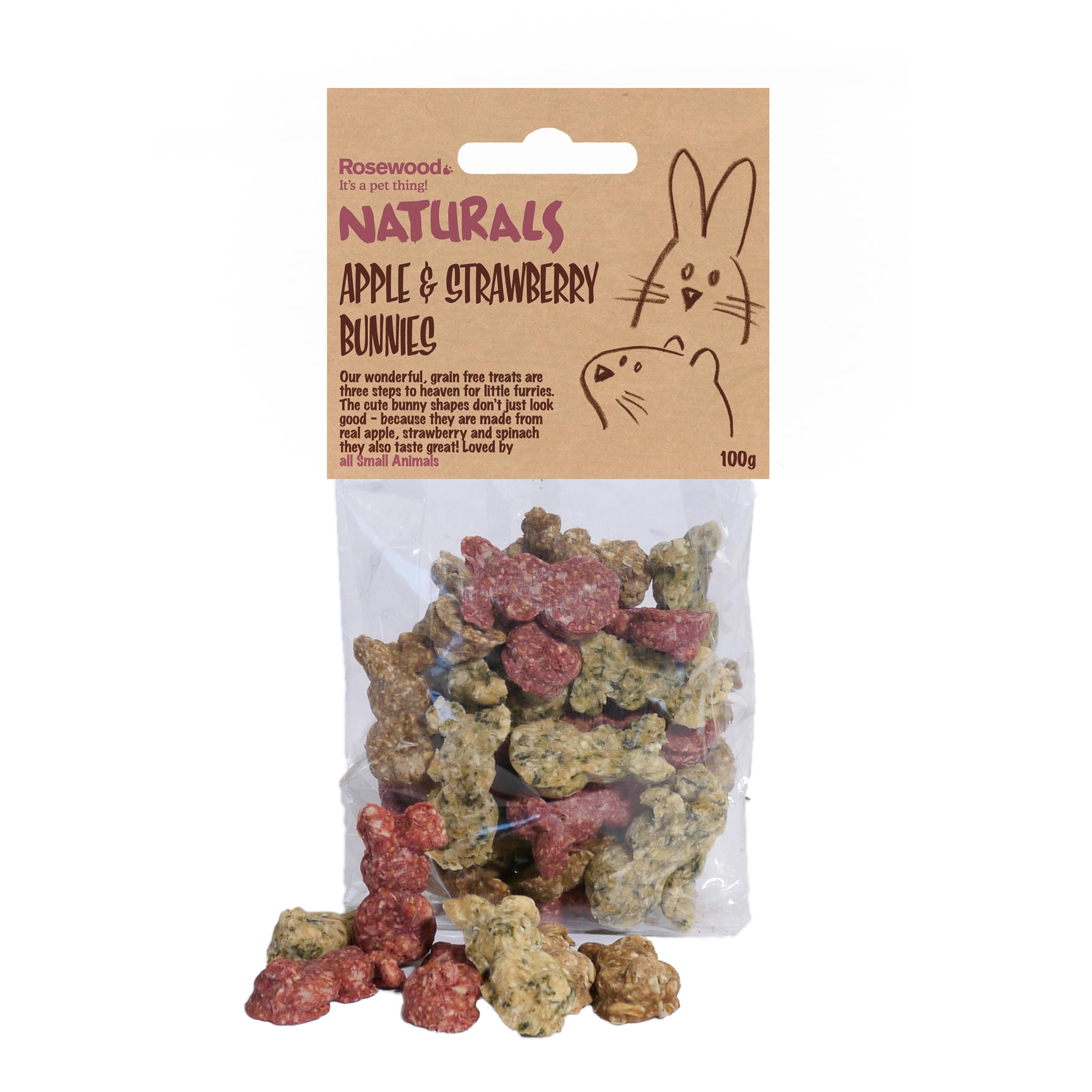 Rosewood Naturals Apple & Strawberry Bunnies, Small Animal Treats for Rabbits, Guinea Pigs, Chinchillas, Degus, Hamsters, Gerbils, Mice and Rats, 100g