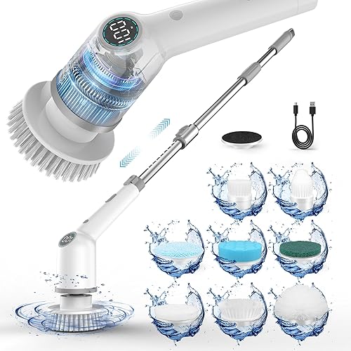 Miniatura 1 de MAXTOP Cepillo giratorio eléctrico, limpiador inalámbrico para bañera y azulejos con mango largo, 8 cabezales de cepillo reemplazables, 3