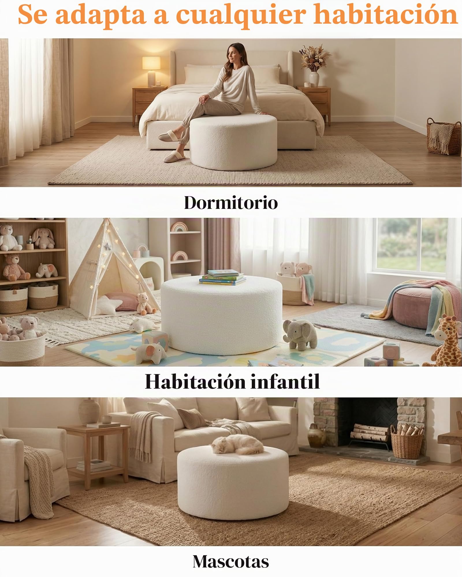 Puff - Puff redondo de 70 cm, color beige, reposapiés suave de tela Teddy, asiento cómodo para sofá, sillón y dormitorio, 70 x 70 x 40 cm
