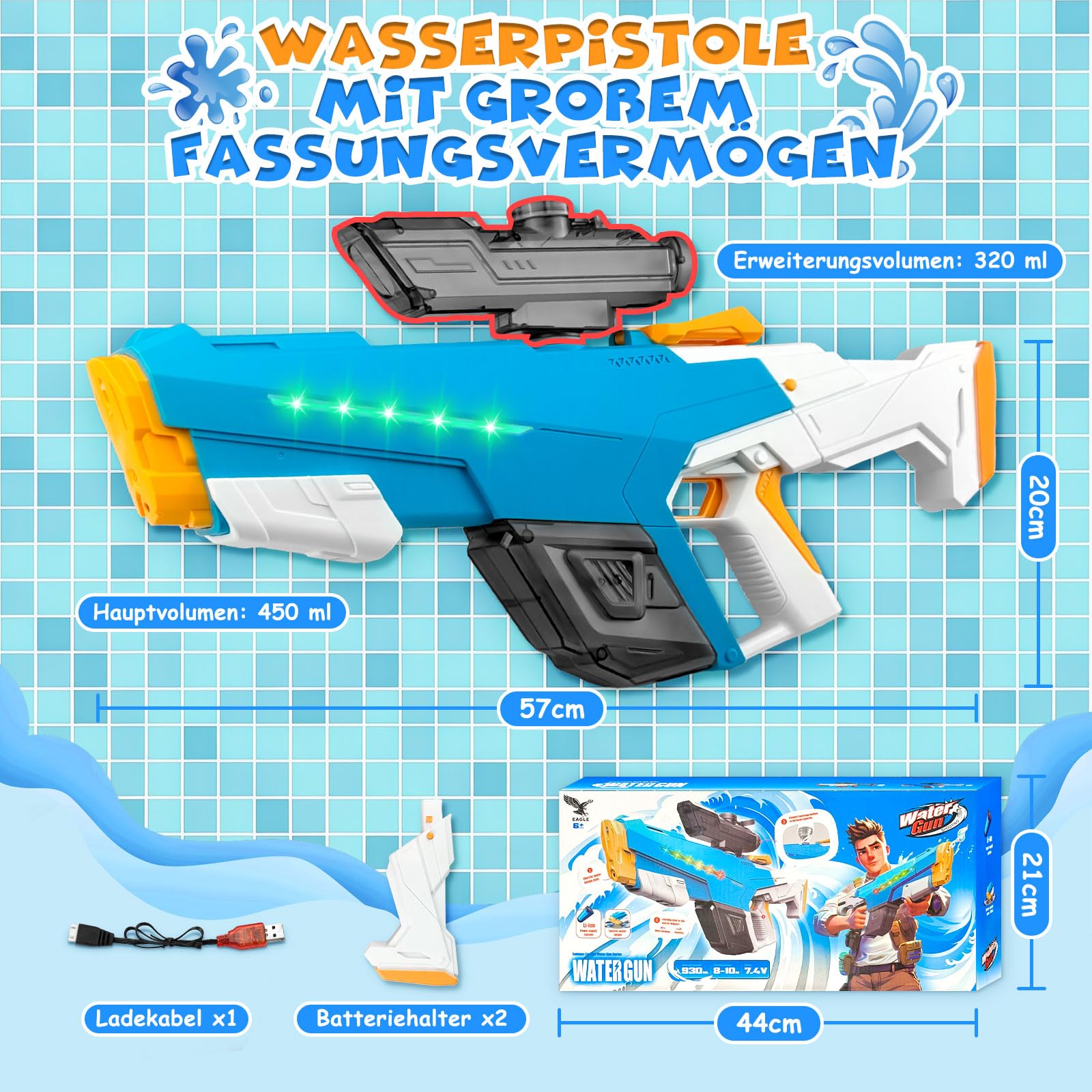 Elektrische Wasserpistole 930ml mit Zwei Batterien 8-10m Reichweite für Kinder Erwachsene