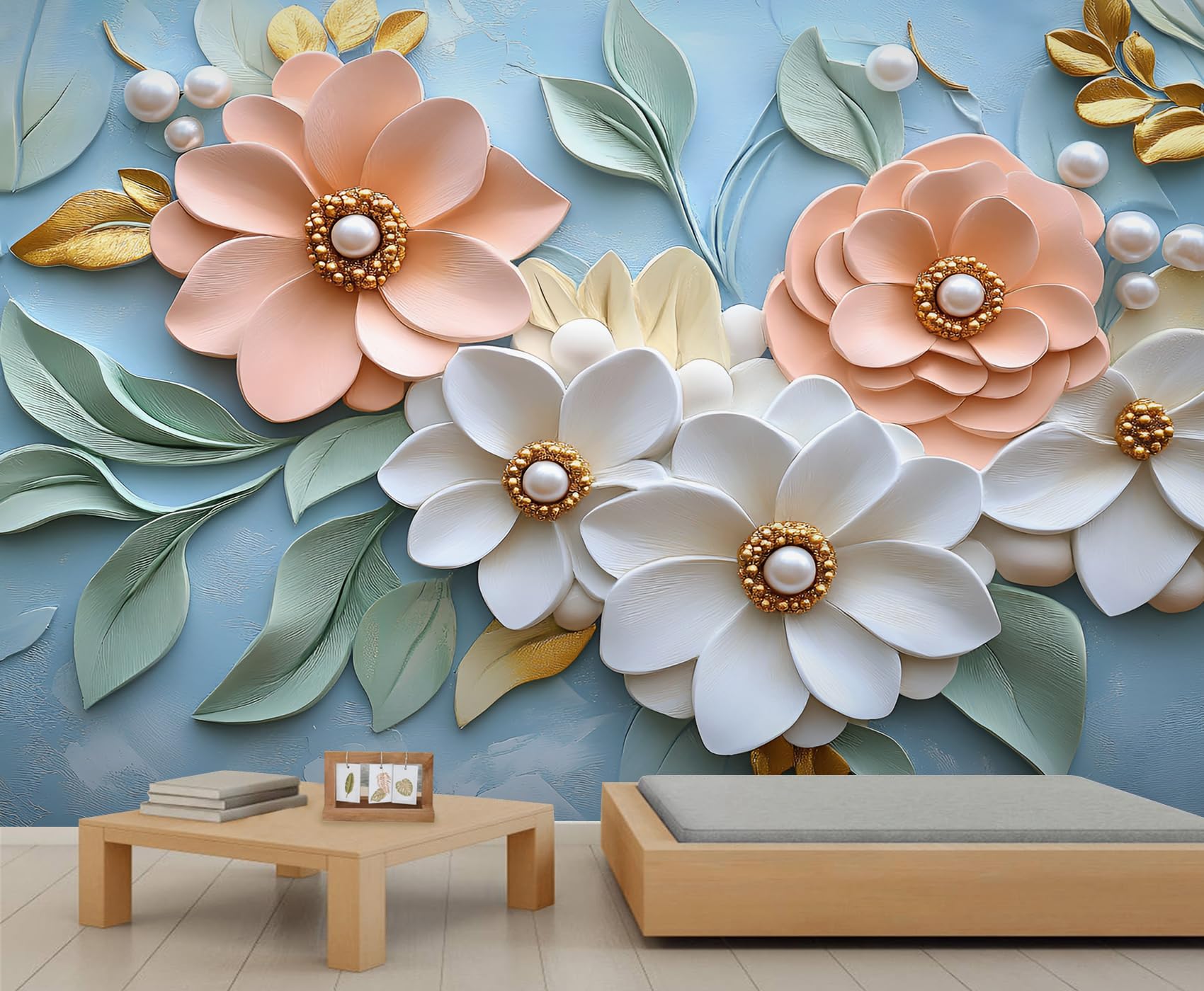 White Blooms Tapete – 3D-geformte Wandtapete – Perlen-Blumenmuster, Schlafzimmertapete für Wohnzimmer, nicht selbstklebend, hellblaue Wandbilder und Heimdekoration