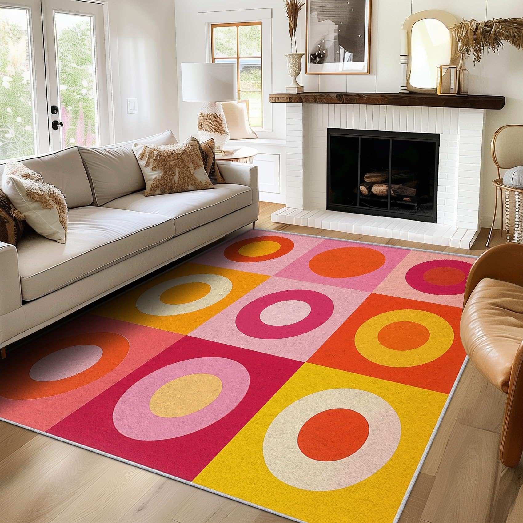 Tapis salon poils courts orange jaune rose rectangle 200x200 lavable