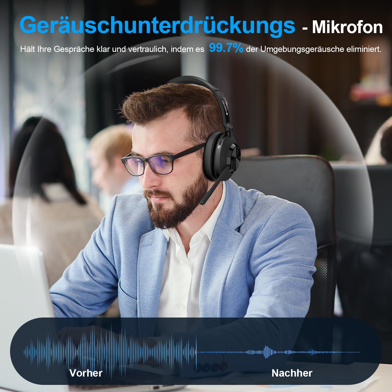 Voistek Kabelloses Bluetooth Headset mit Mikrofon & Rauschunterdrückung, USB Dongle für PC, Ladestation und Mikrofon Stummschaltung für Büro, Meeting, Call Center, Homeoffice, Computer, Schwarz