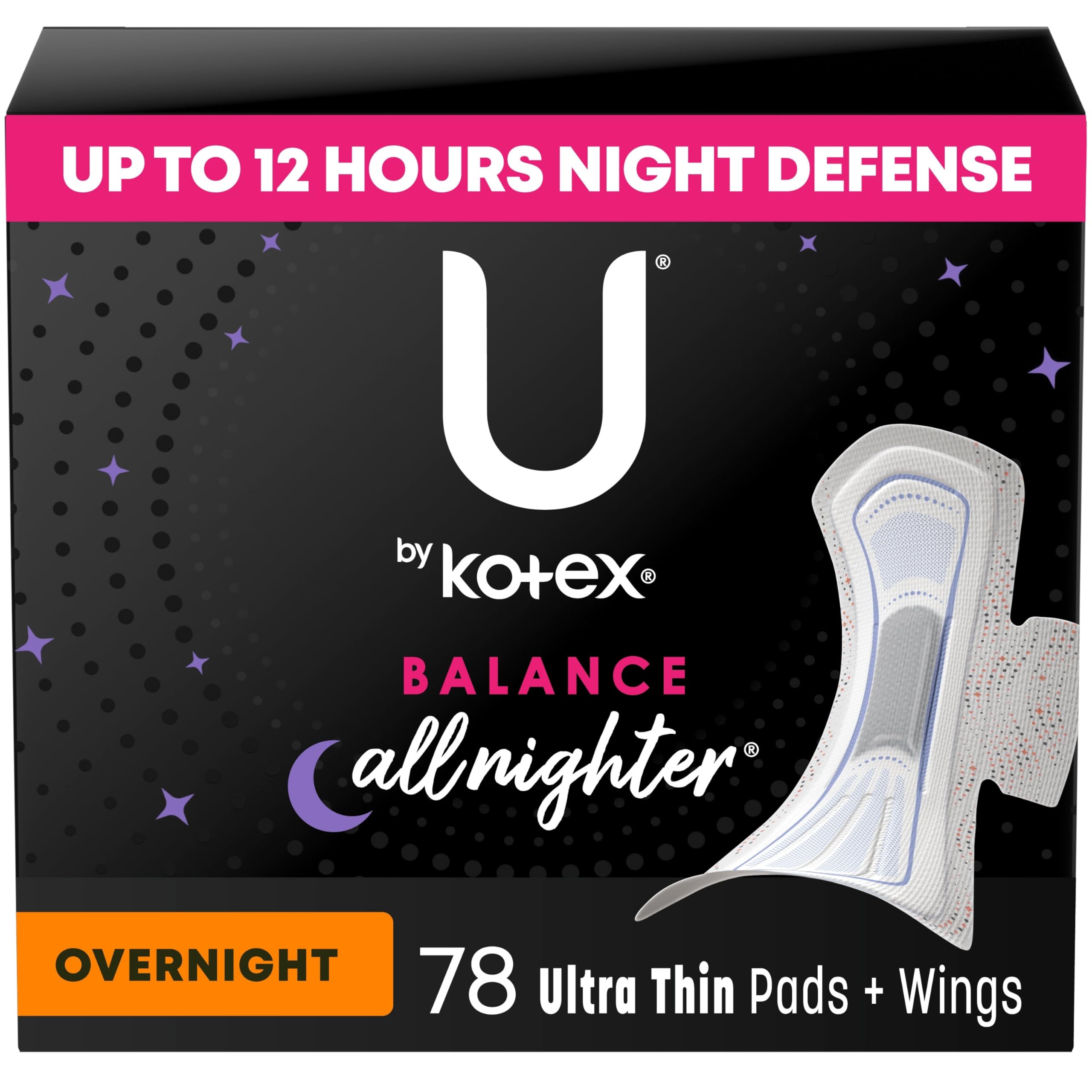 Balance Ultra Thin Overnight Pads with Wings, 78 Count (6 Packs of 13) (Packaging May Vary)