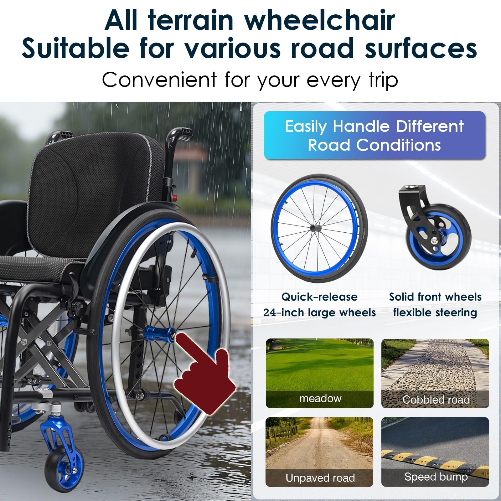 Silla de ruedas manual ligera, silla de ruedas deportiva ultraligera portátil todo terreno, silla de ruedas plegable, sillas de ruedas de transporte con antivuelco(Blue B,40cm/15.7in)