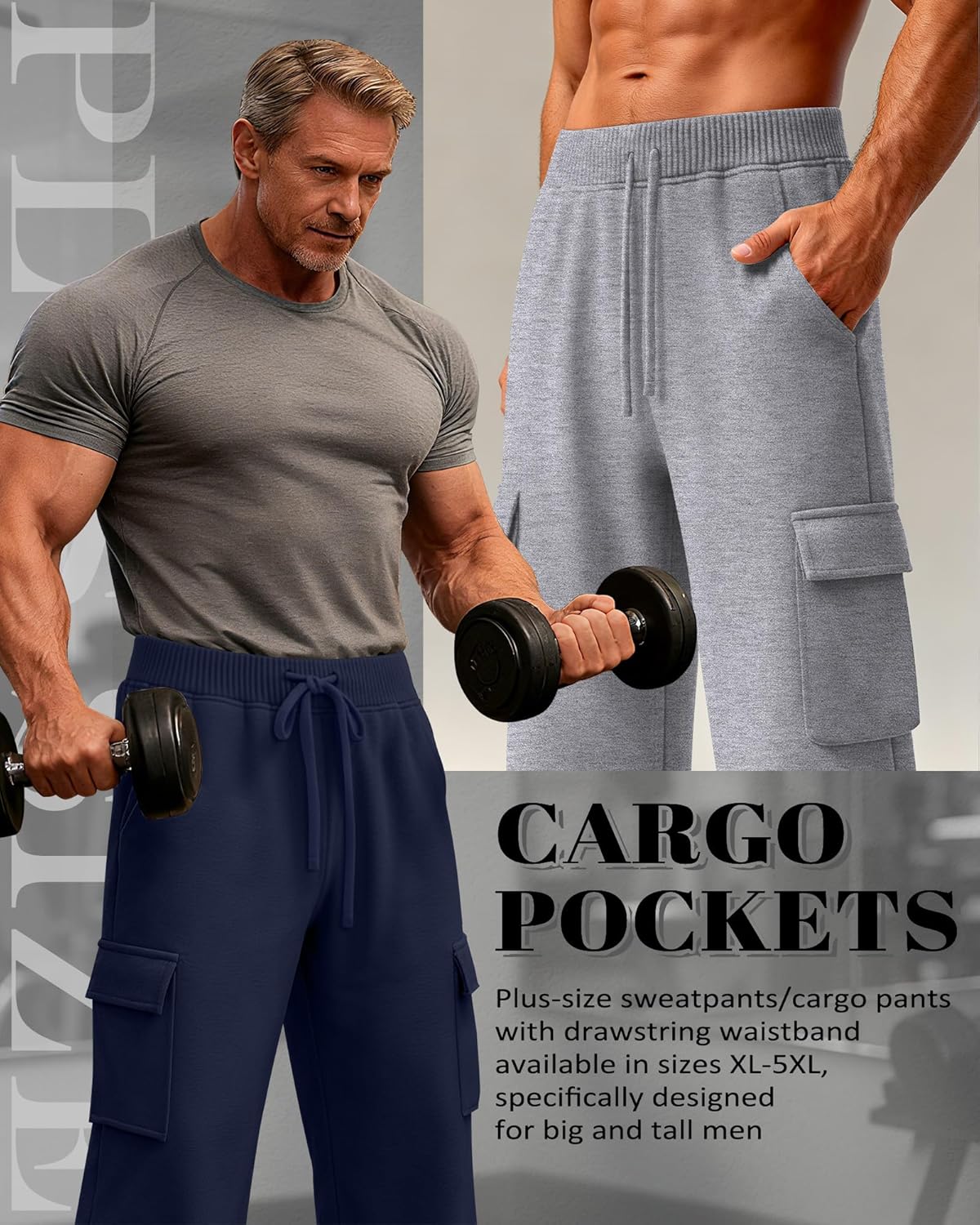 3 Pack Big and Tall Men's Cargo Sweatpants Open Bottom Drawstring Elastic Waist Pants with Pockets Casual Hiking - Image 2