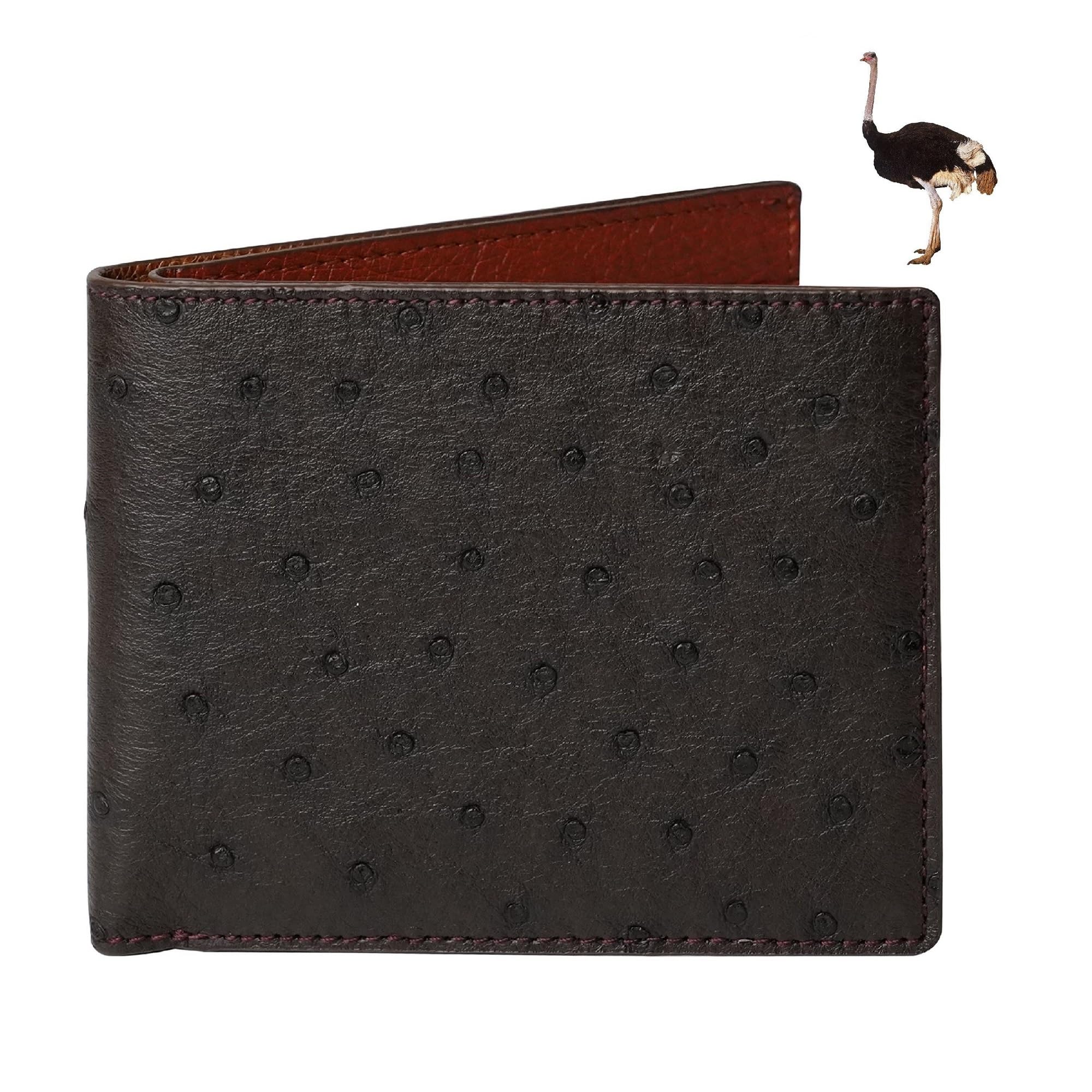 HATA Brown Ostrich Leather Bifold Wallet for Men, Double-Sided Ostrich Billfold with RFID Blocking, Handmade Leather Wallet Gift for Birthday, Anniversary, Father's Day VINAMOS-36