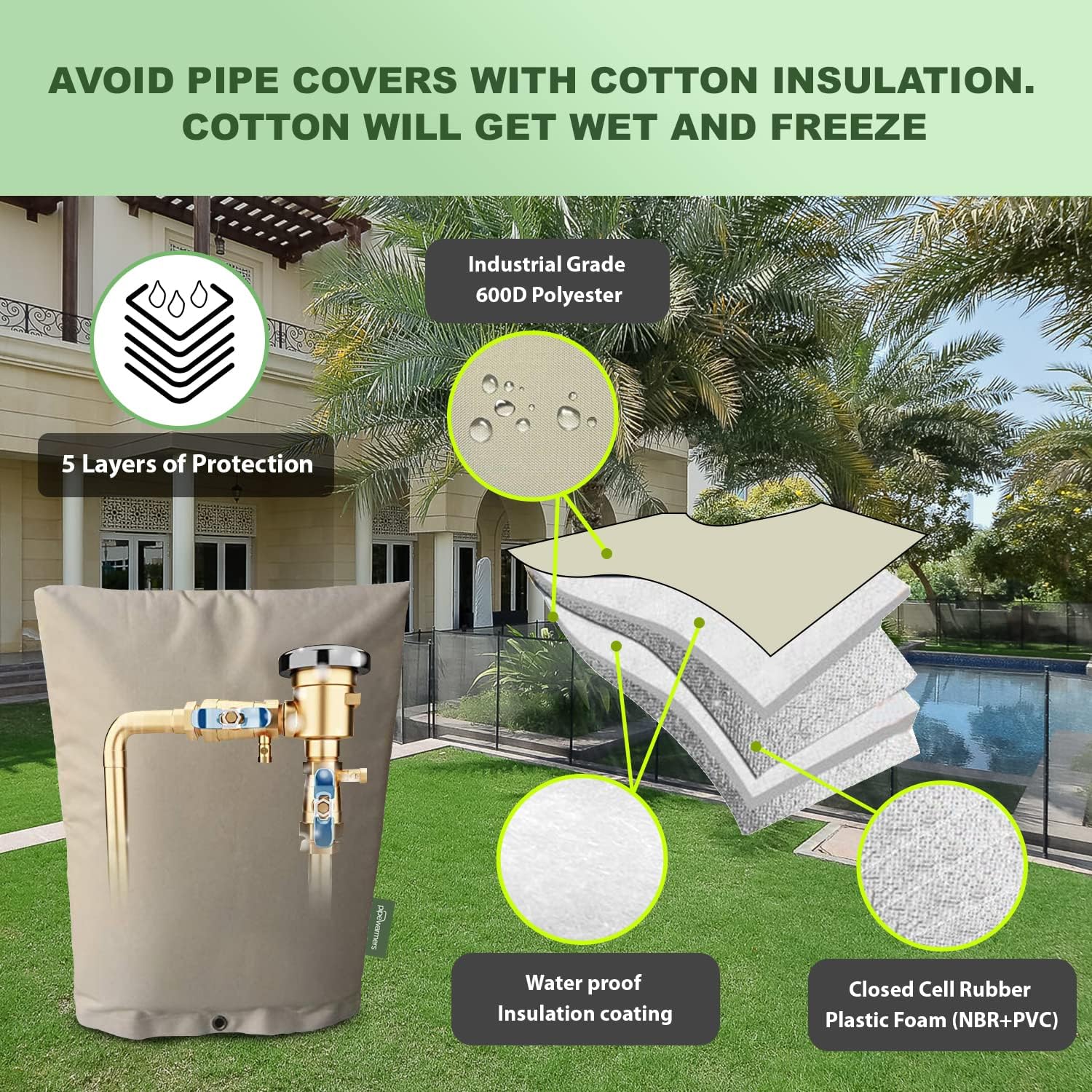 PipeWarmers The Original Pipe Insulation Cover, Winter Pipe Insulation,Well Head/Pump Cover,Sprinkler Irrigation Valve Cover,Backflow Preventer Freeze Protection,Winter Insulated Pouch(30WX24H,Sand)