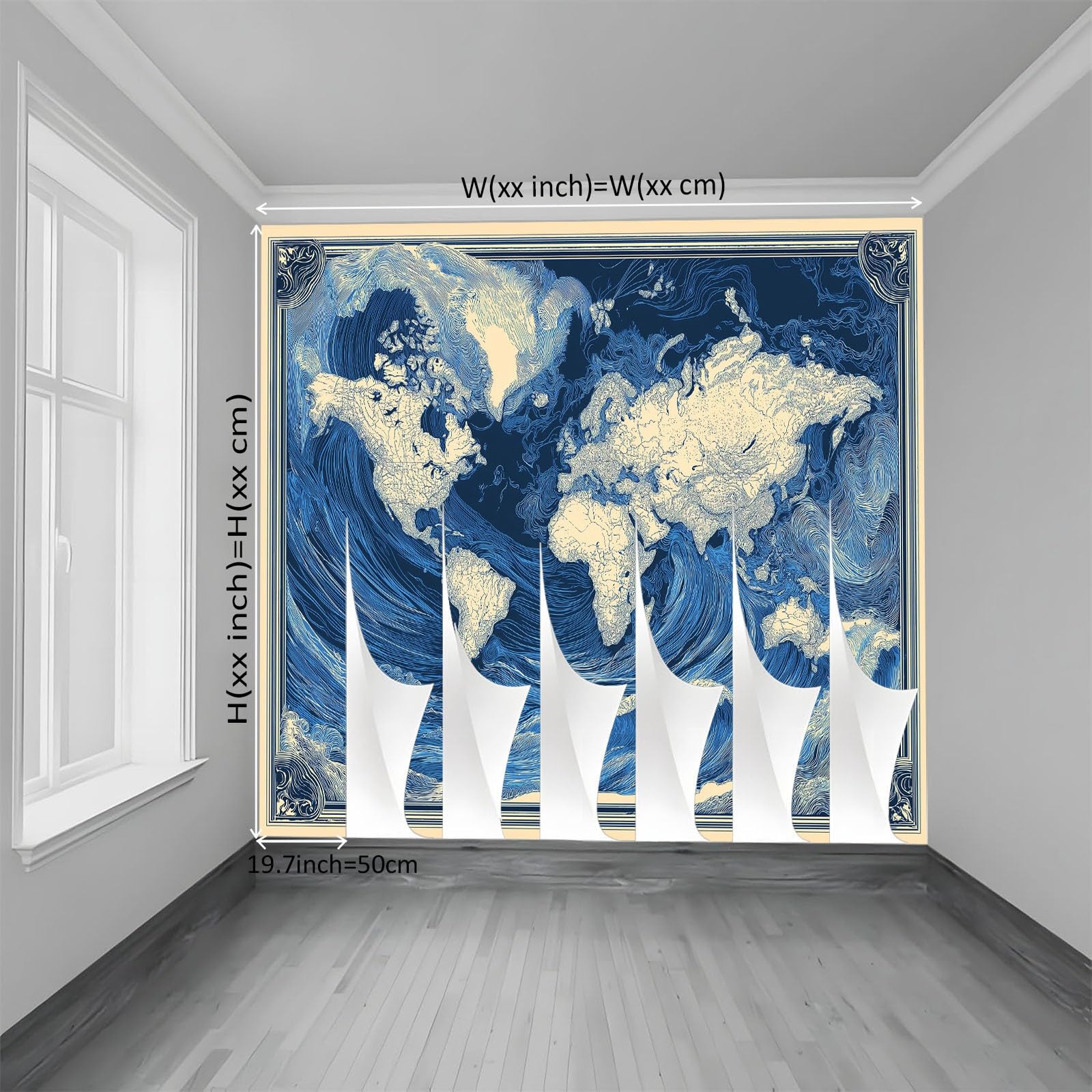 Générique Plakat retro mapa świata z falami oceanu, panoramiczna tapeta 500 x 280 cm, fototapeta z włókniny, do salonu i sypialni, kuchni, niebieski plakat obrazy ścienne