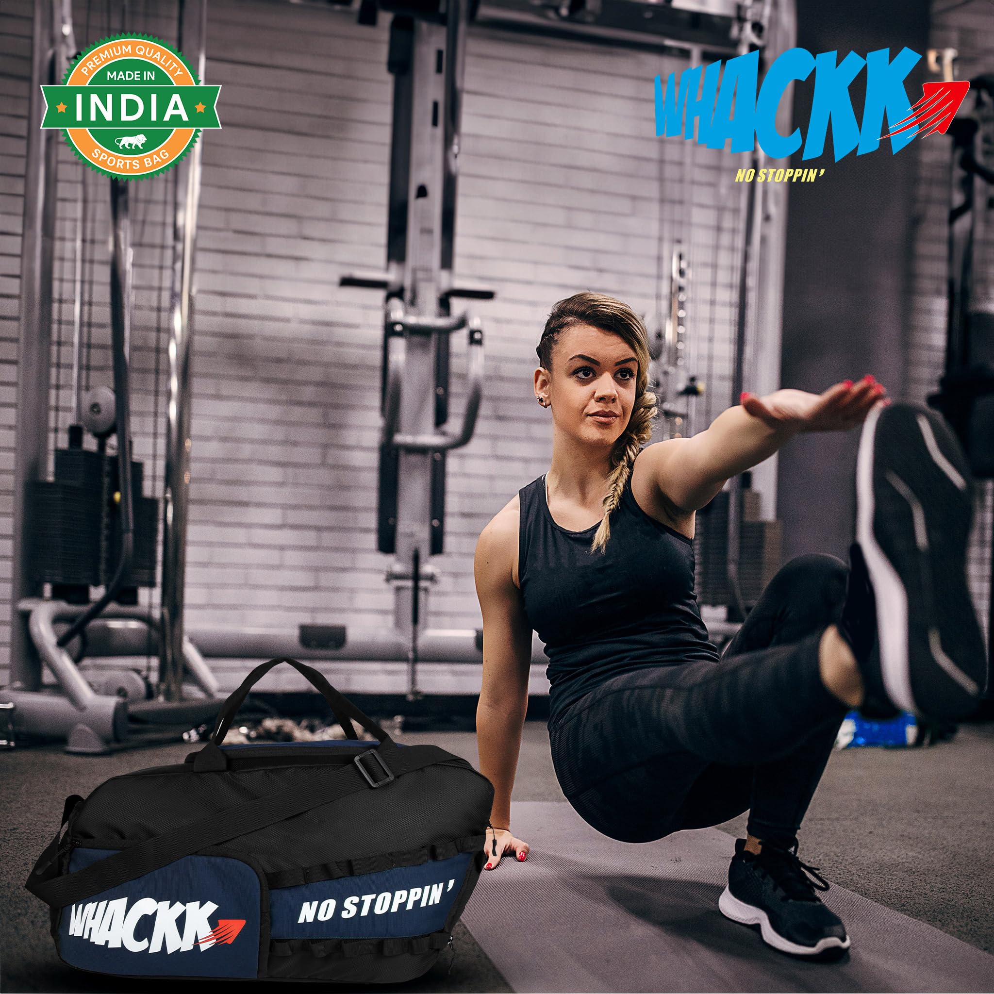 WHACKK Arnold Gym Bag Blue Black | Sports Duffle Bag with Shoe Compartment & Adjustable Strap | Lightweight Gym, Travel & Weekend Duffel for Men 1