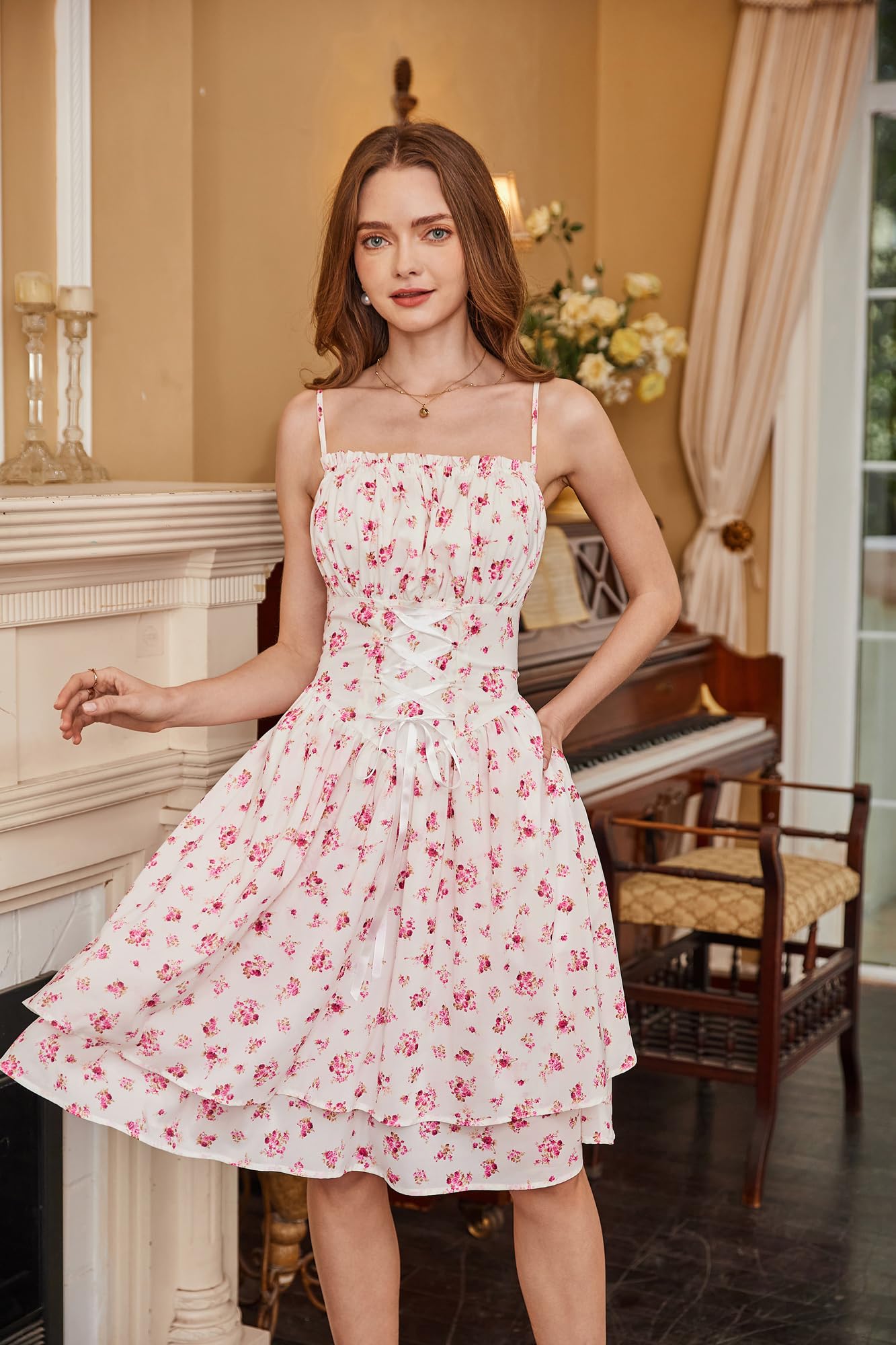 Scarlet Darkness Women Corset Floral Dress Spaghetti Strap Mini Sundress for Teens: Pink Floral X-Large